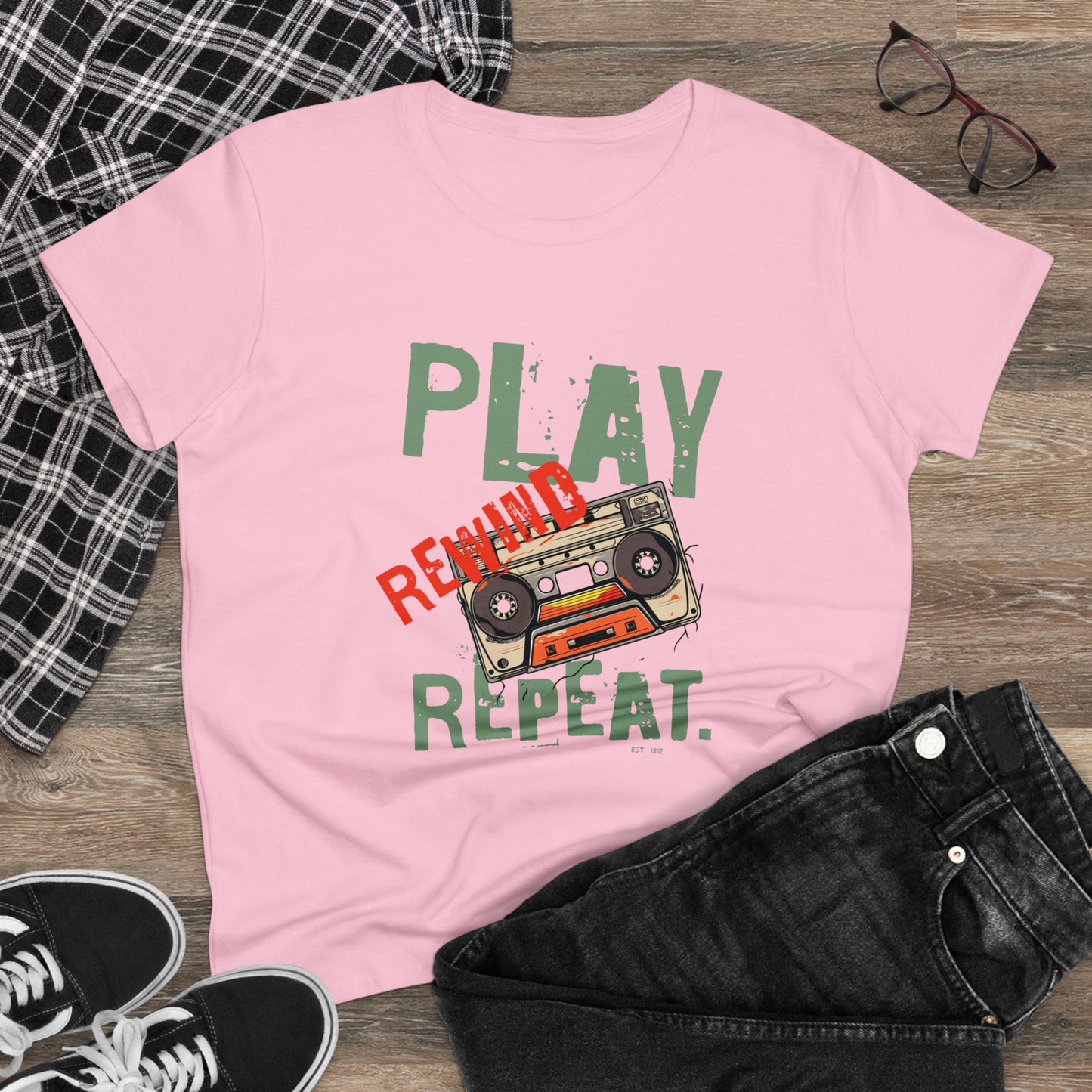 Play Rewind Repeat. Classic Cassette Tape Midweight Cotton Tee