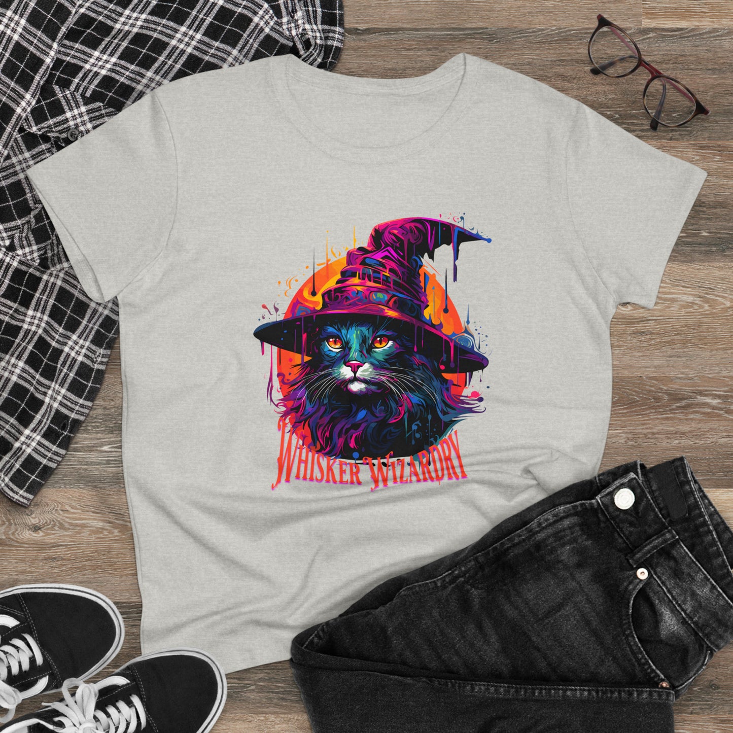 Whisker Wizardry, Wizard Cat, Women's Midweight Cotton Tee