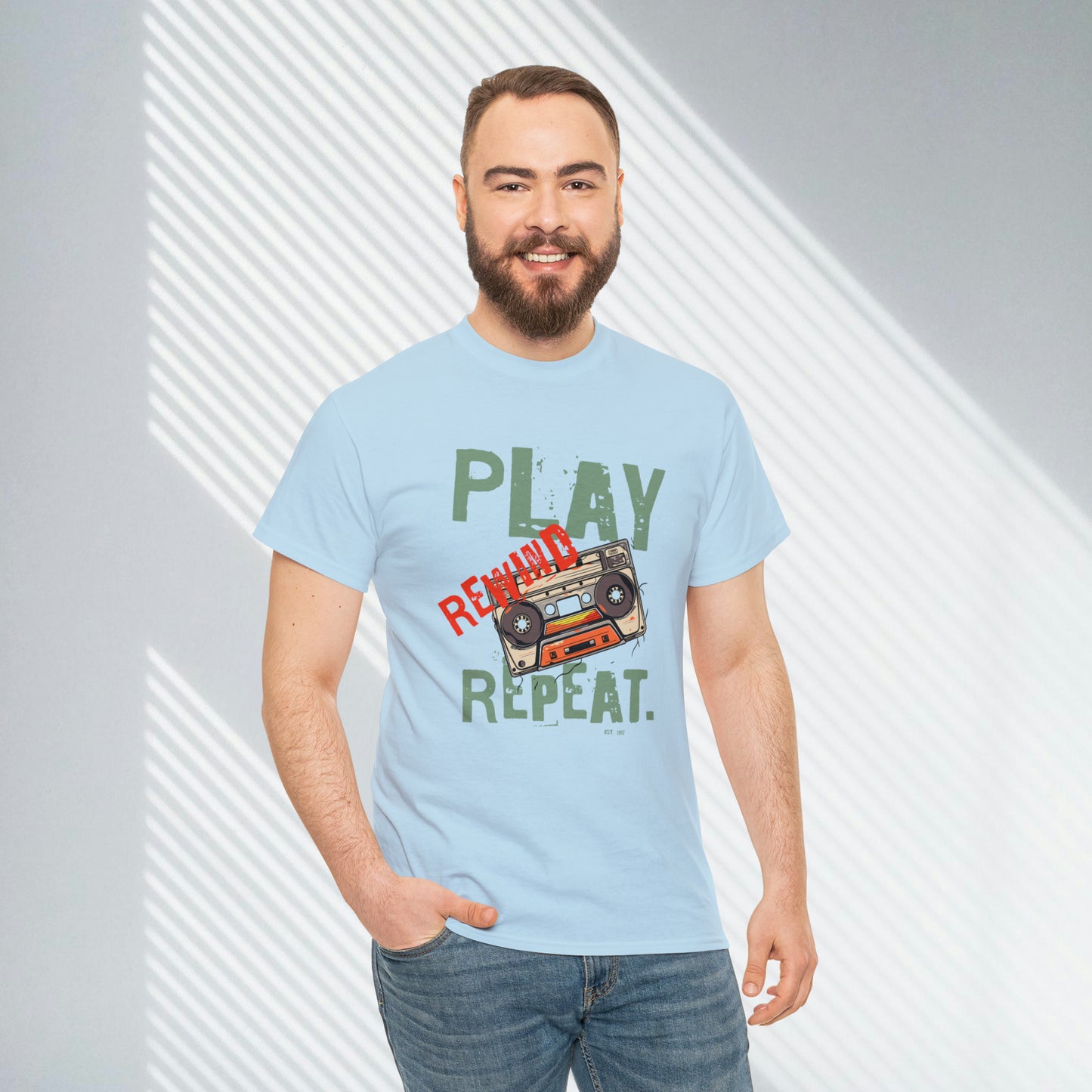 Play Rewind Repeat. Classic Cassette Tape Unisex Heavy Cotton Tee