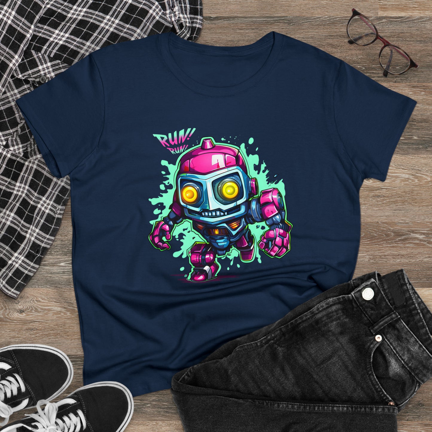 Robot, Run Run, Custom Women's Midweight Cotton Tee