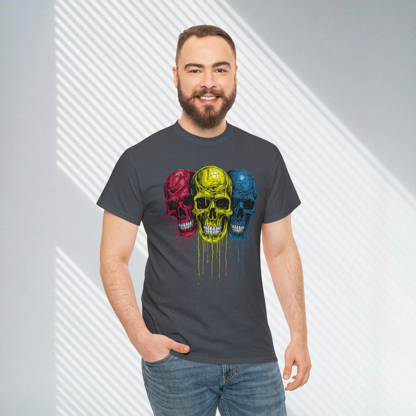 Vivid Decay, Skulls Dripping Paint, Custom Unisex Heavy Cotton Graphic Tee