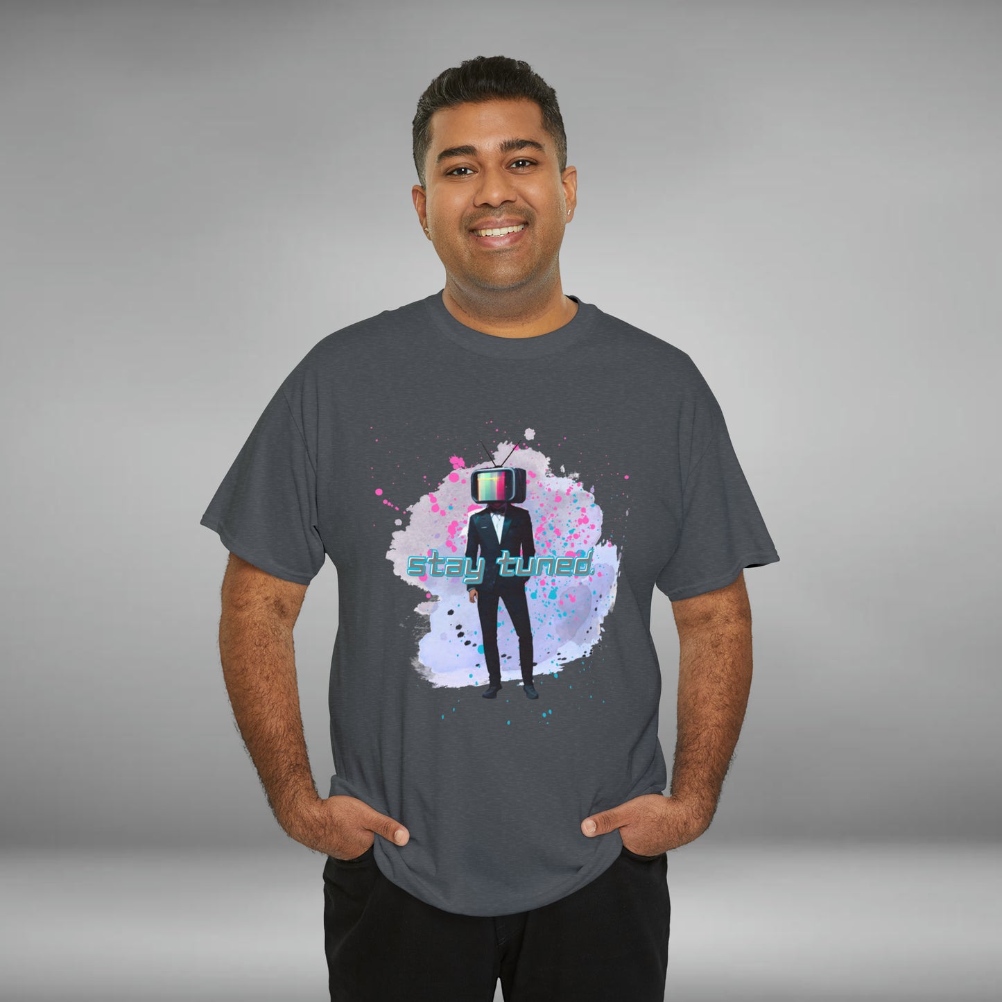 Stay Tuned, TV Man, Custom Unisex Heavy Cotton Graphic Tee