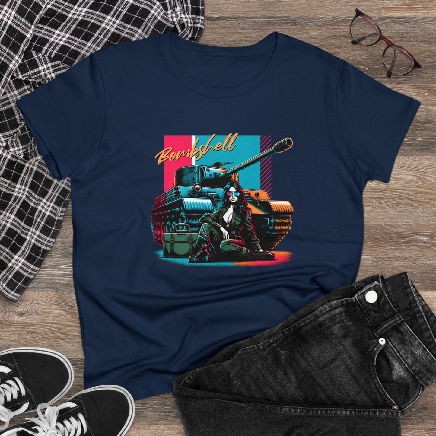 Bombshell, Beautiful Army Tank Model, Women's Midweight Cotton Tee