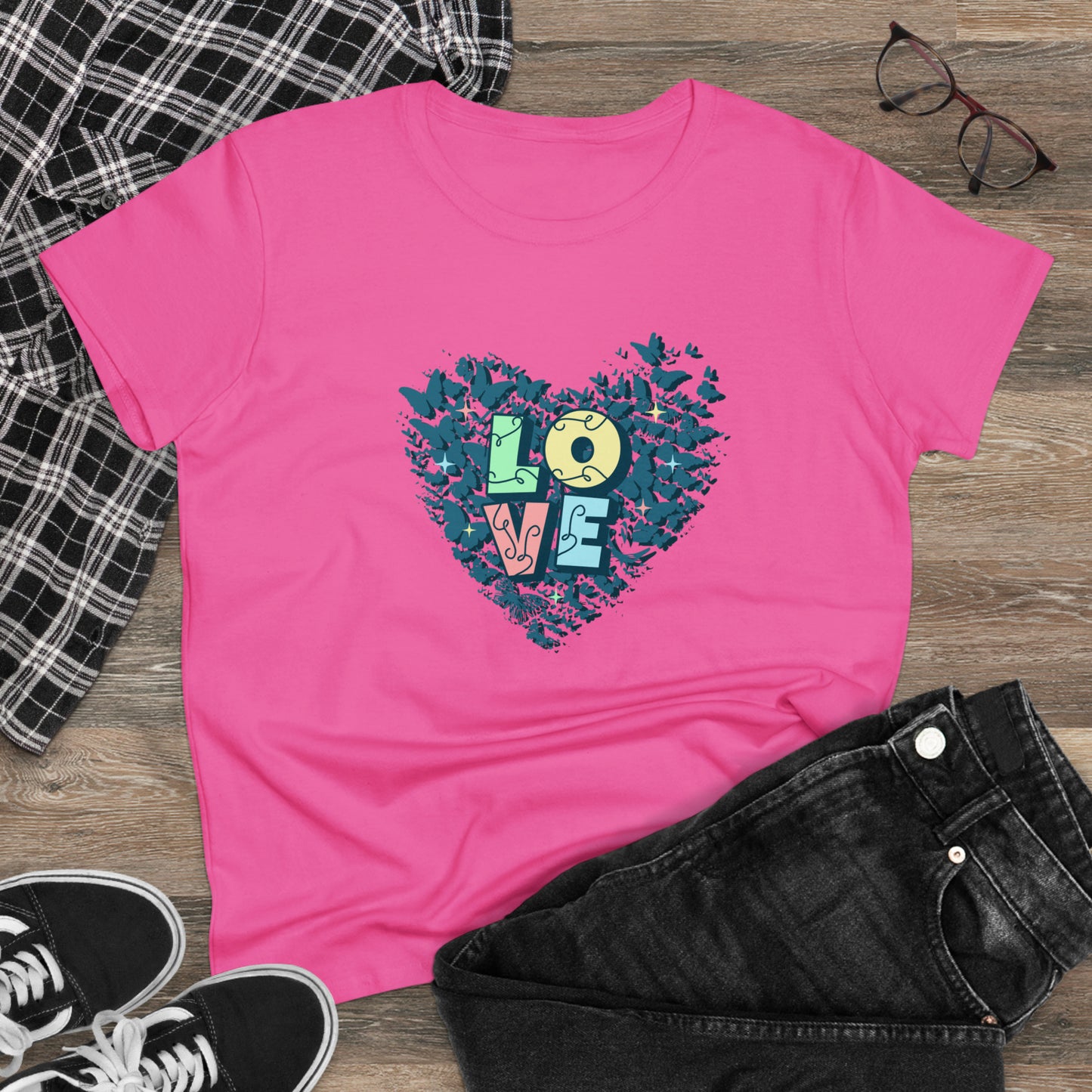 LOVE, Butterfly Heart, Women's Midweight Cotton Tee