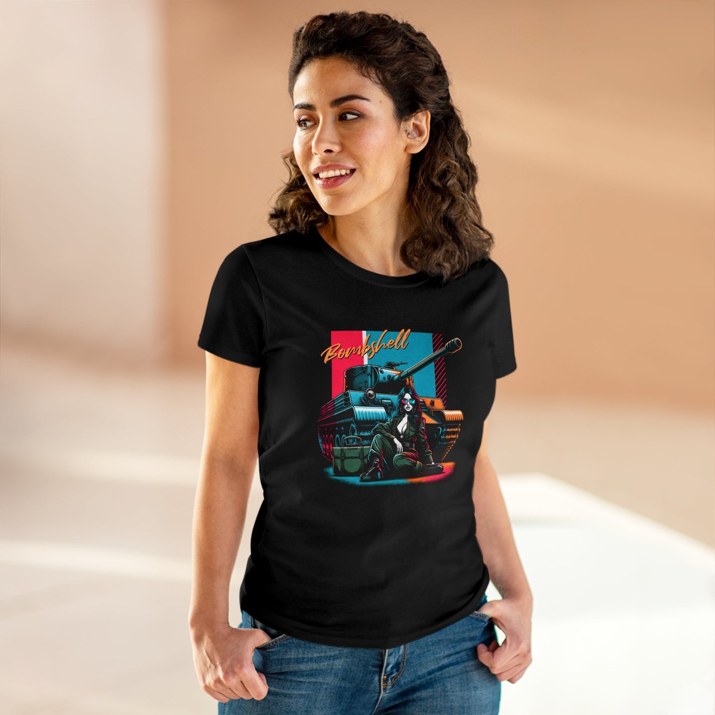 Bombshell, Beautiful Army Tank Model, Women's Midweight Cotton Tee