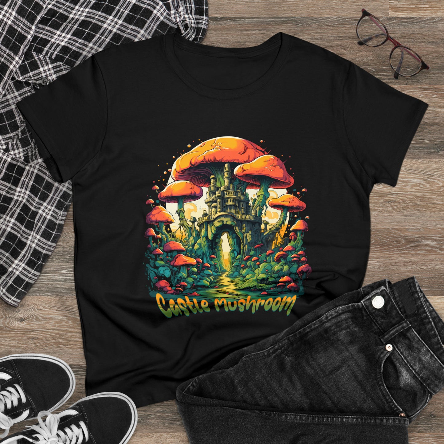 Castle Mushroom, Custom Women's Midweight Cotton Graphic Tee