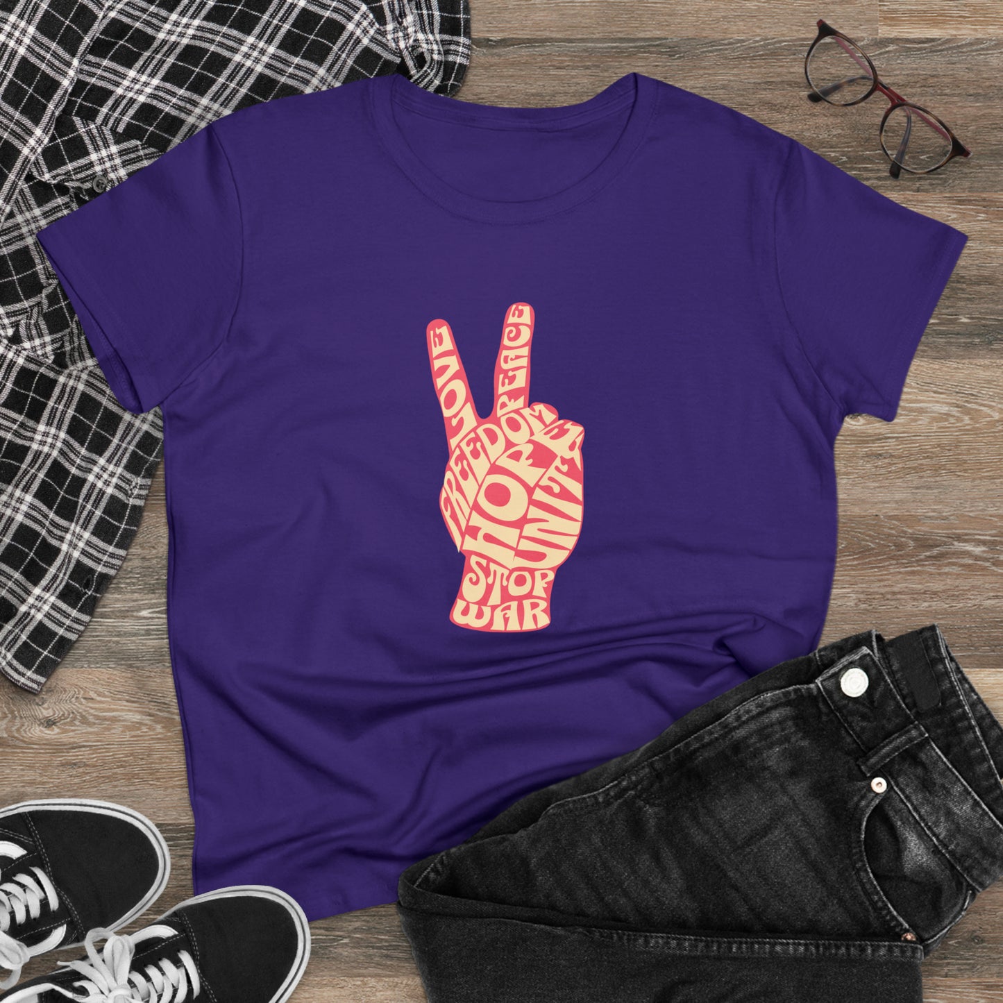 Peace, Love, Stop War, Women's Midweight Cotton Tee