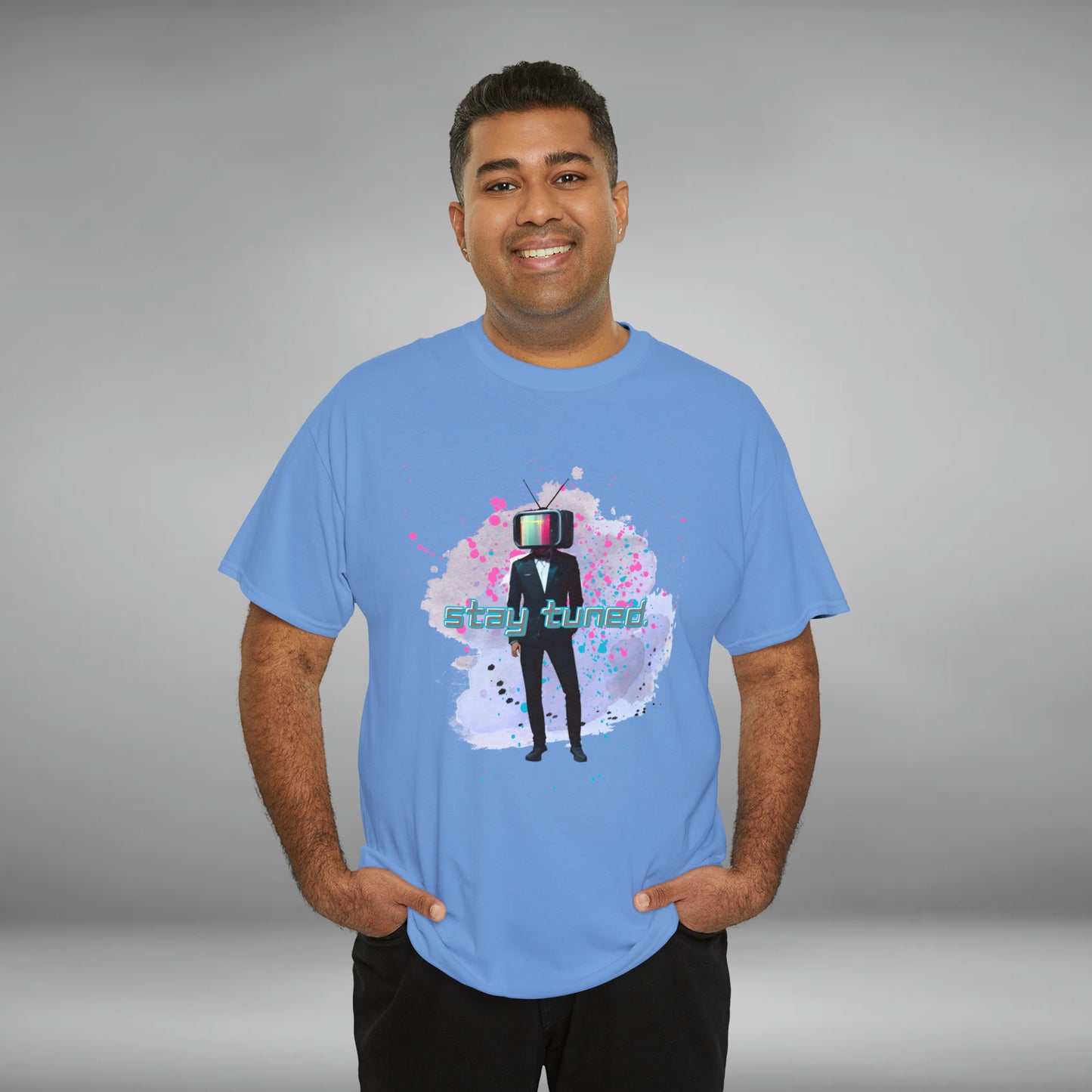 Stay Tuned, TV Man, Custom Unisex Heavy Cotton Graphic Tee