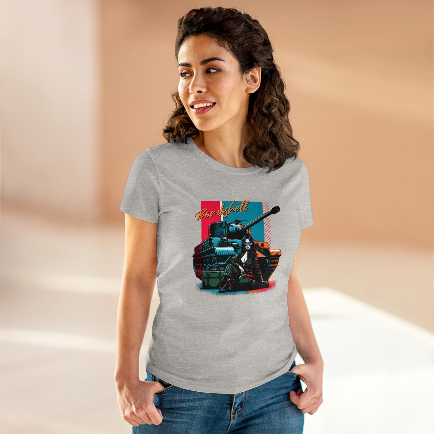 Bombshell, Beautiful Army Tank Model, Women's Midweight Cotton Tee