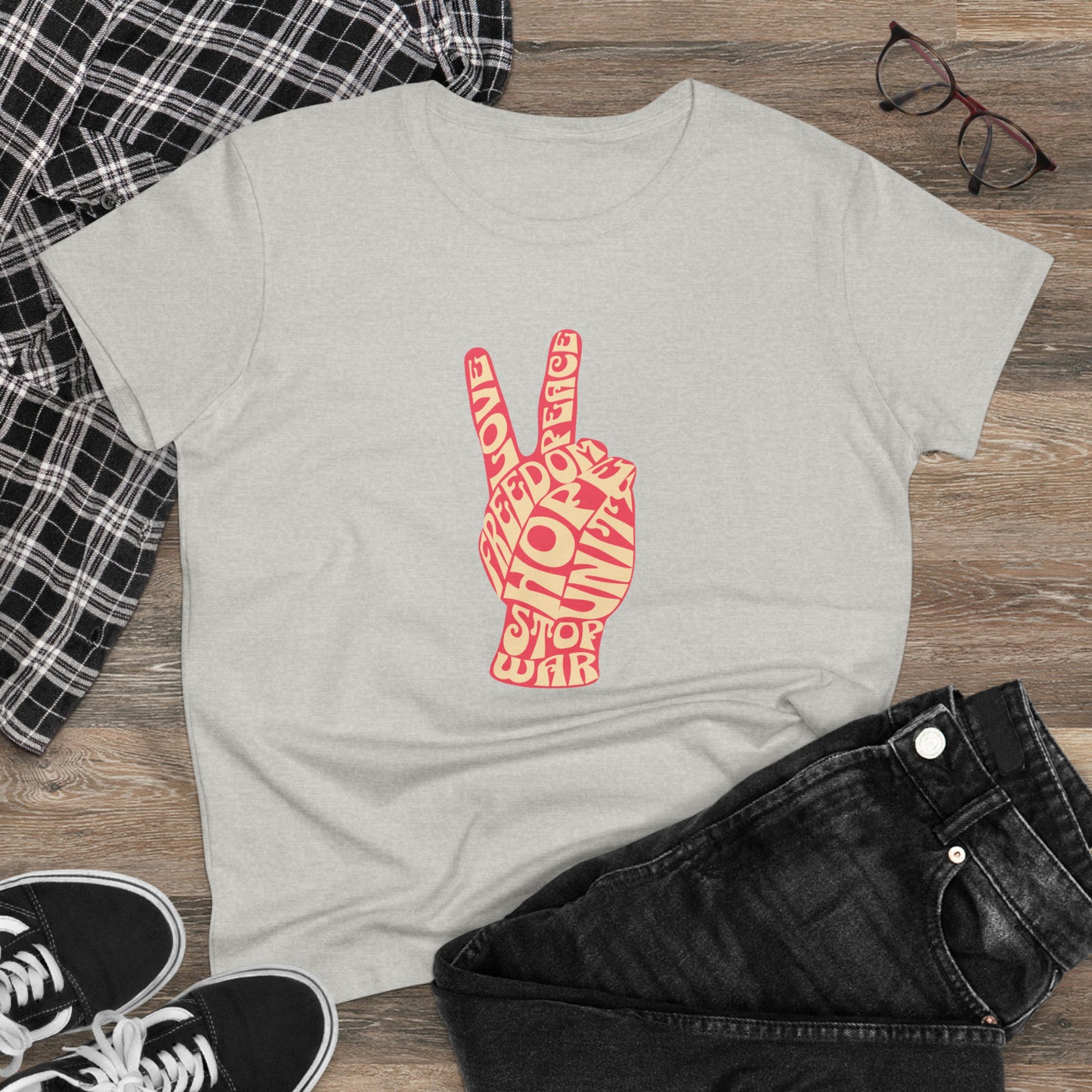 Peace, Love, Stop War, Women's Midweight Cotton Tee