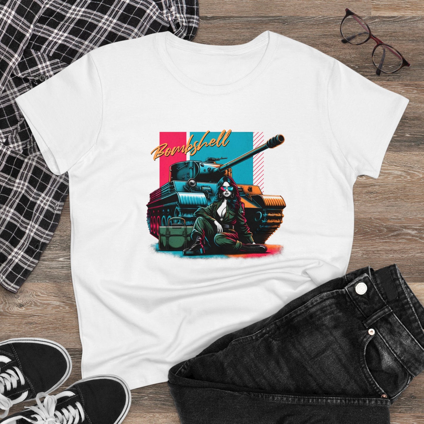 Bombshell, Beautiful Army Tank Model, Women's Midweight Cotton Tee