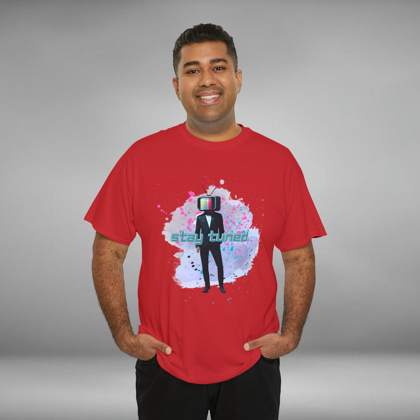 Stay Tuned, TV Man, Custom Unisex Heavy Cotton Graphic Tee