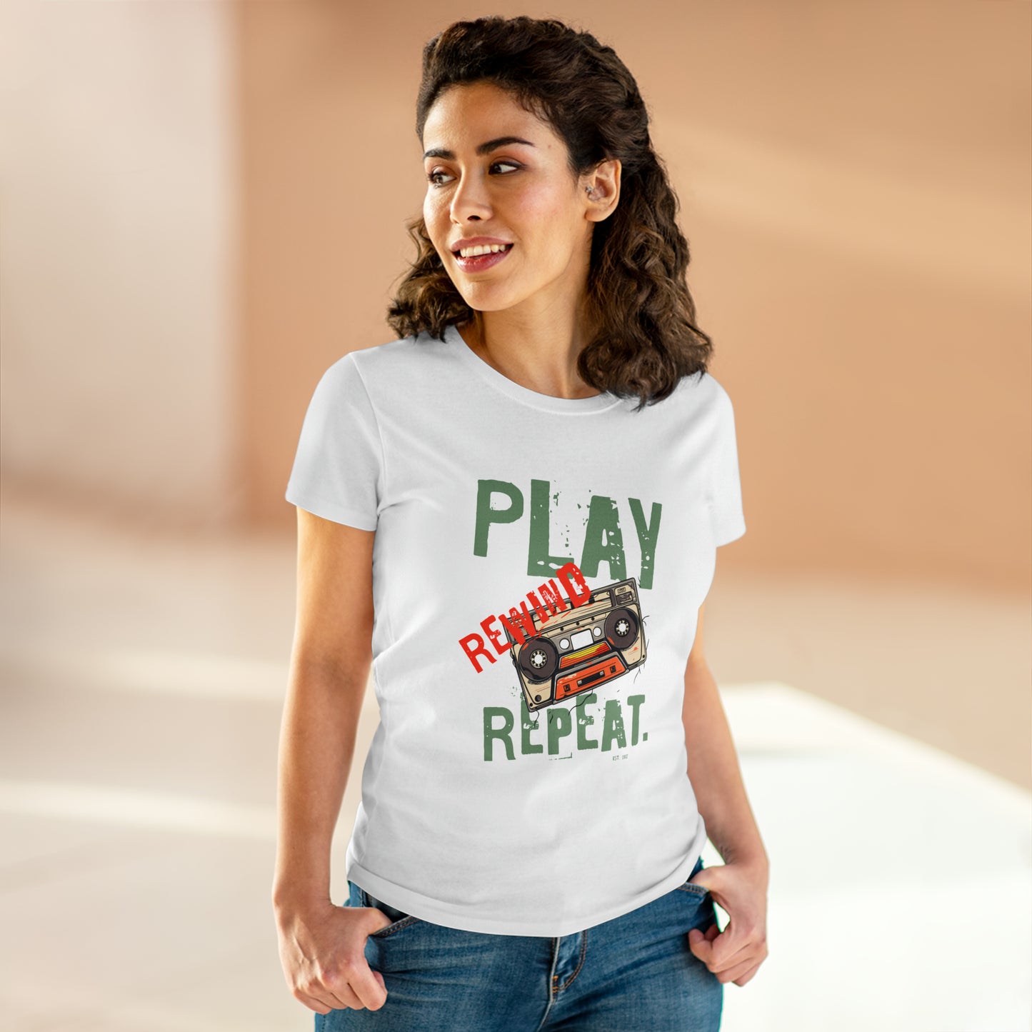 Play Rewind Repeat. Classic Cassette Tape Midweight Cotton Tee