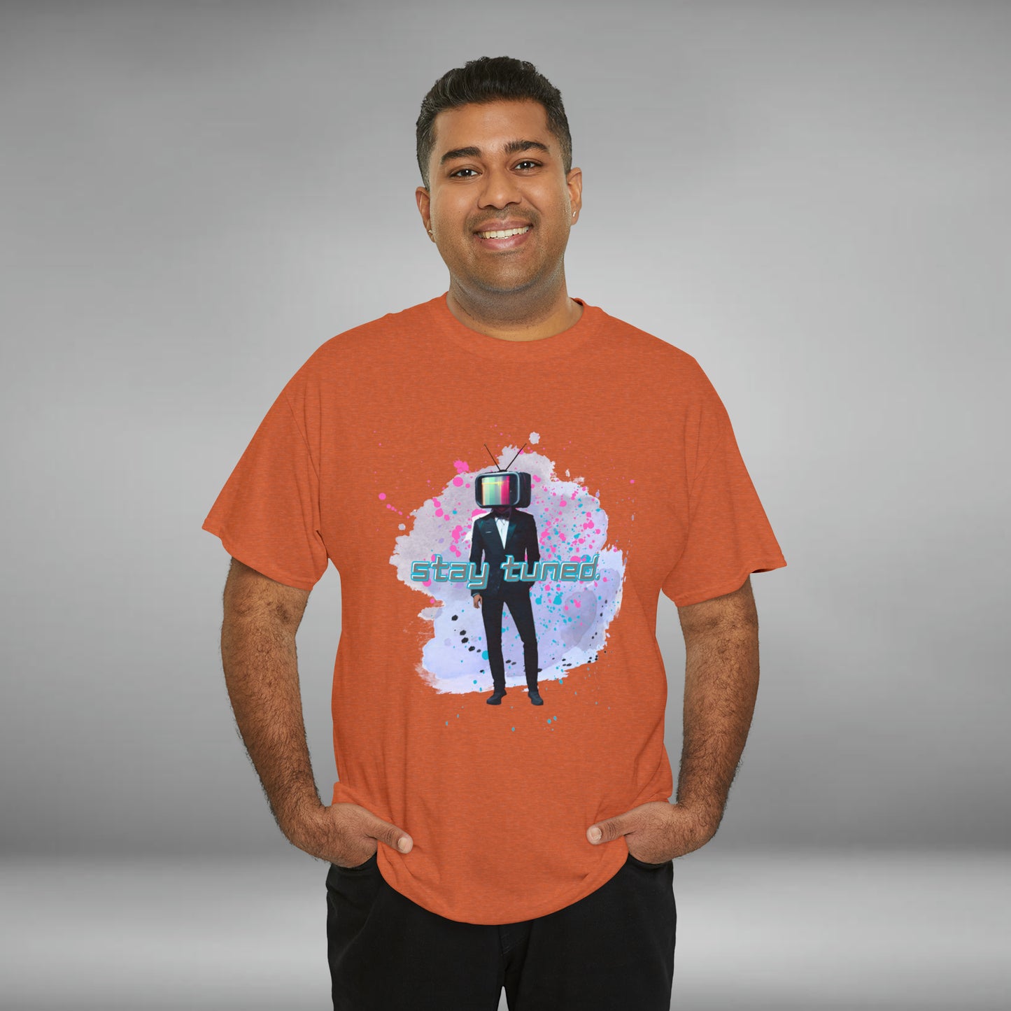 Stay Tuned, TV Man, Custom Unisex Heavy Cotton Graphic Tee