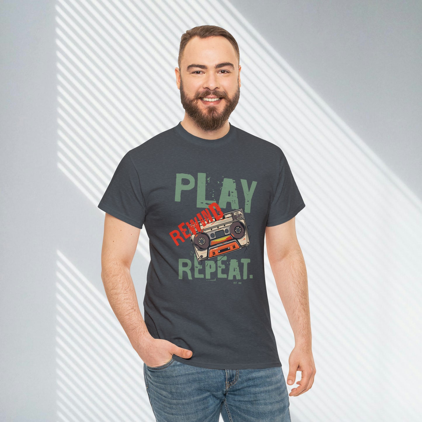 Play Rewind Repeat. Classic Cassette Tape Unisex Heavy Cotton Tee