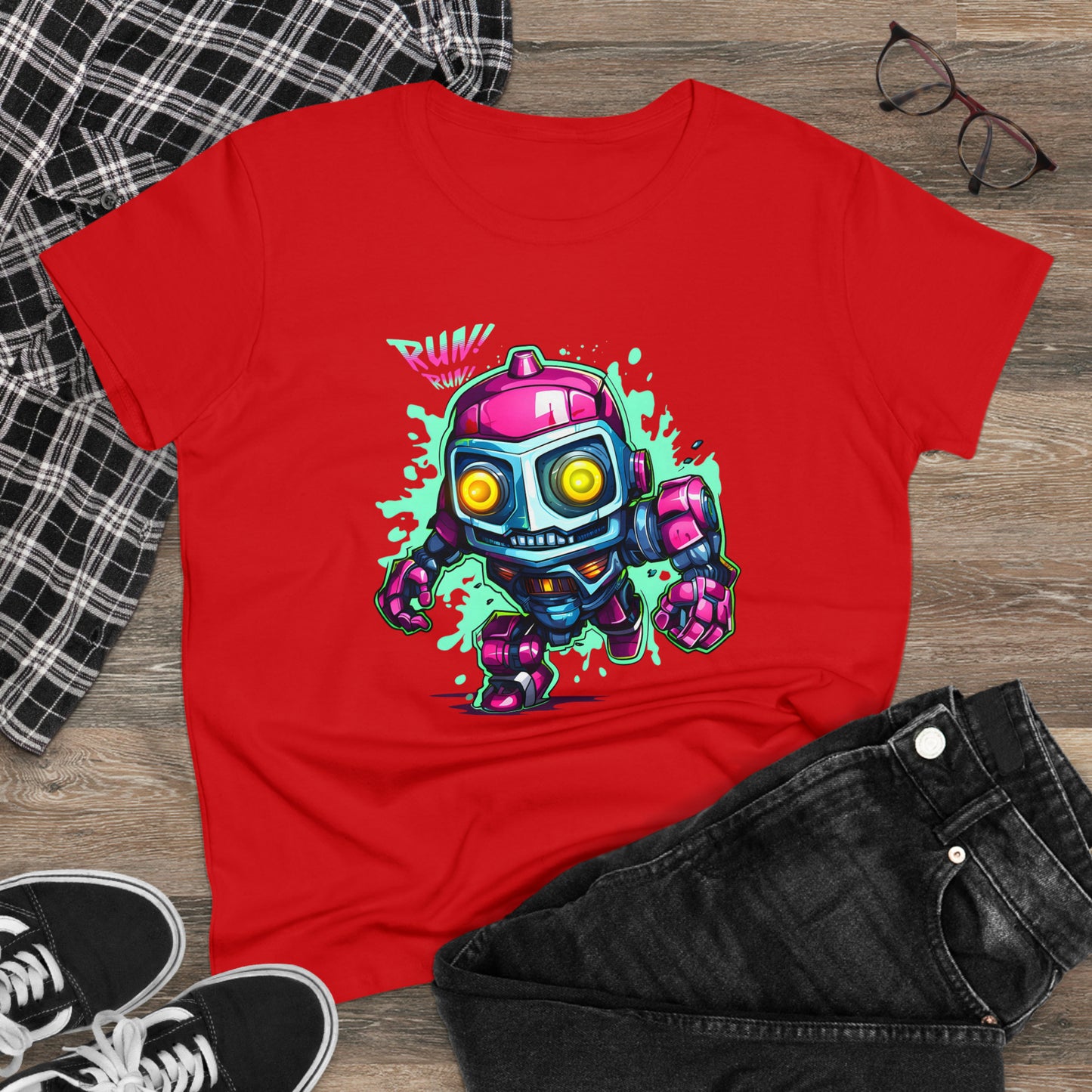 Robot, Run Run, Custom Women's Midweight Cotton Tee