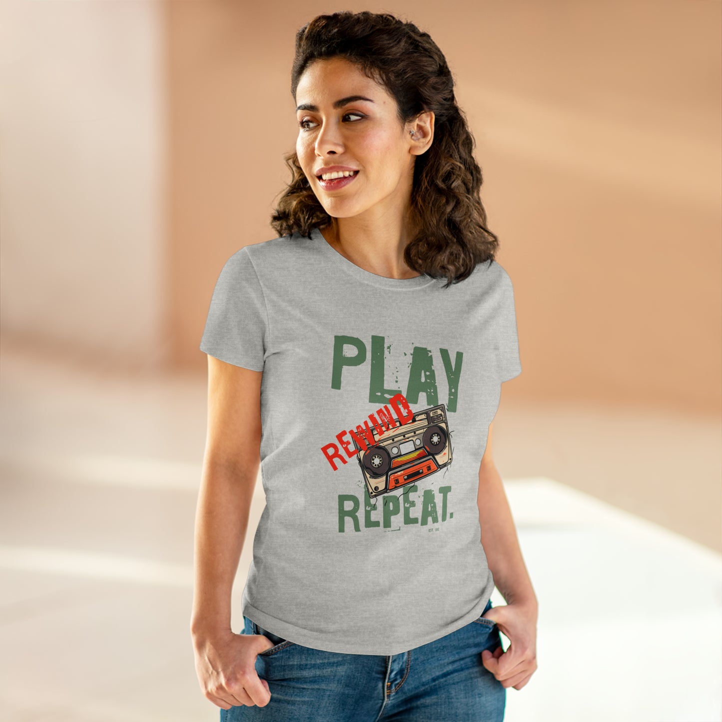 Play Rewind Repeat. Classic Cassette Tape Midweight Cotton Tee