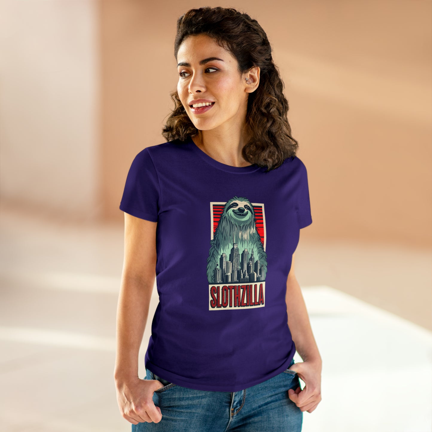 SlothZilla, City Destroying Sloth, Women's Midweight Cotton Tee