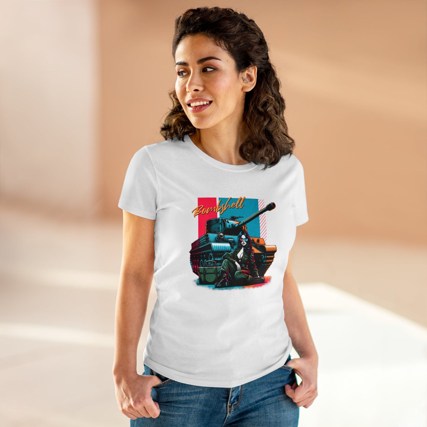 Bombshell, Beautiful Army Tank Model, Women's Midweight Cotton Tee