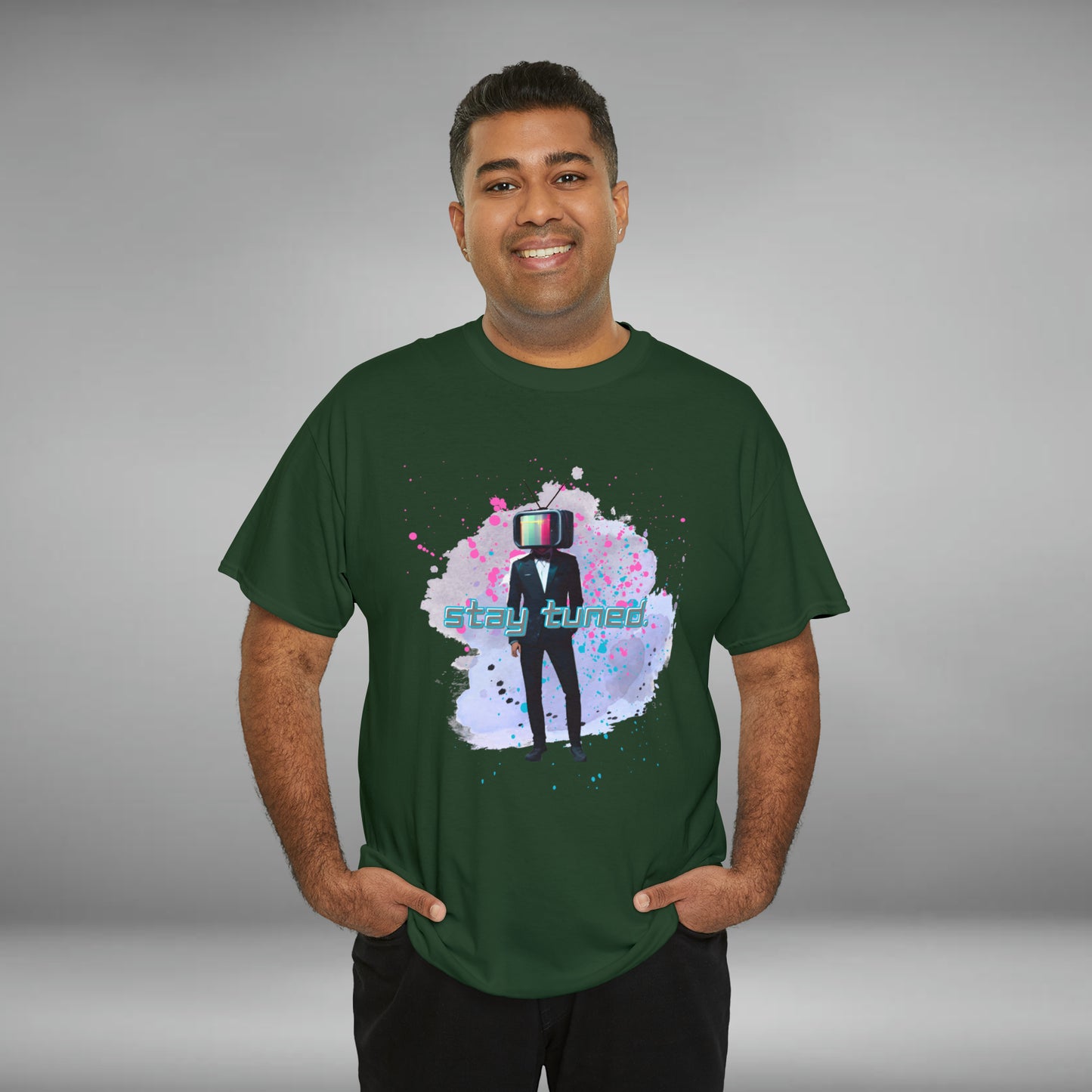 Stay Tuned, TV Man, Custom Unisex Heavy Cotton Graphic Tee