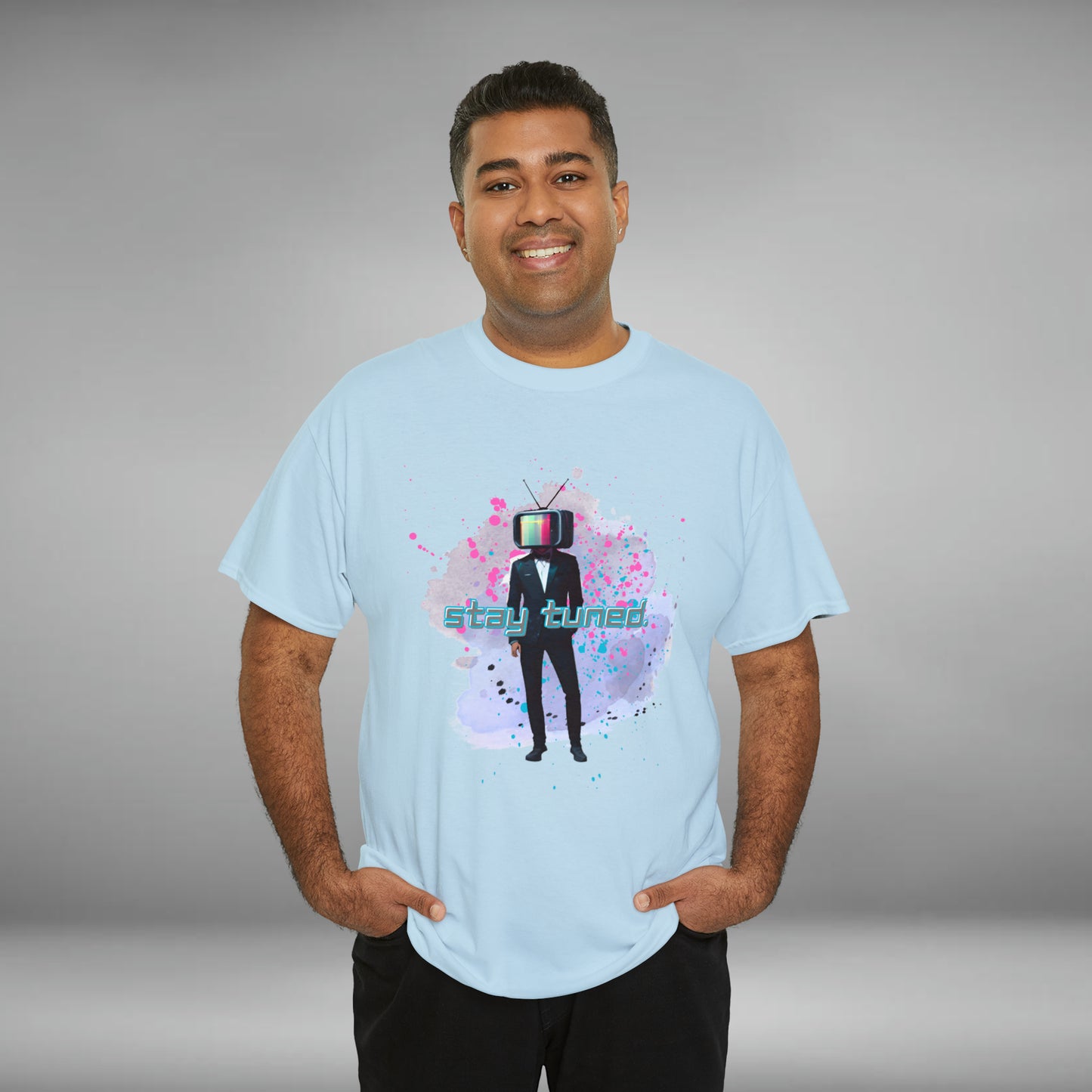 Stay Tuned, TV Man, Custom Unisex Heavy Cotton Graphic Tee