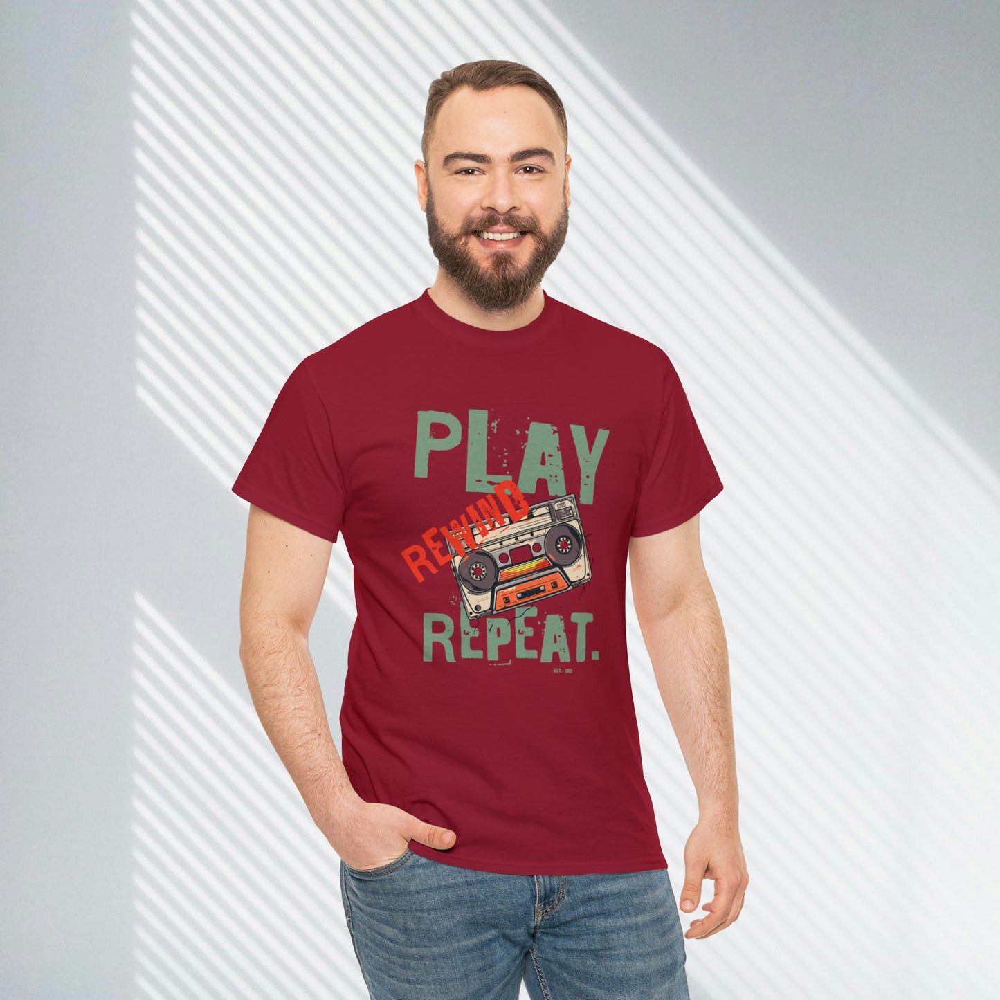 Play Rewind Repeat. Classic Cassette Tape Unisex Heavy Cotton Tee