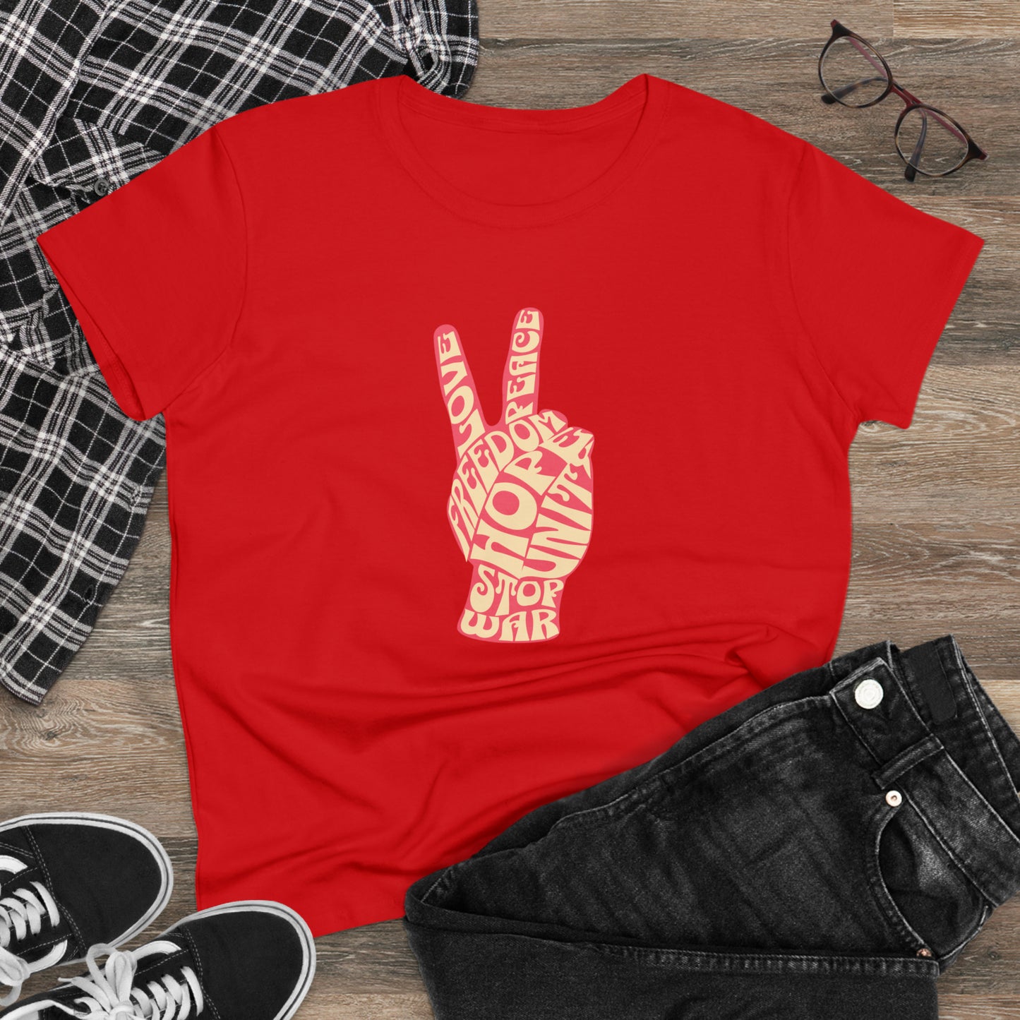 Peace, Love, Stop War, Women's Midweight Cotton Tee