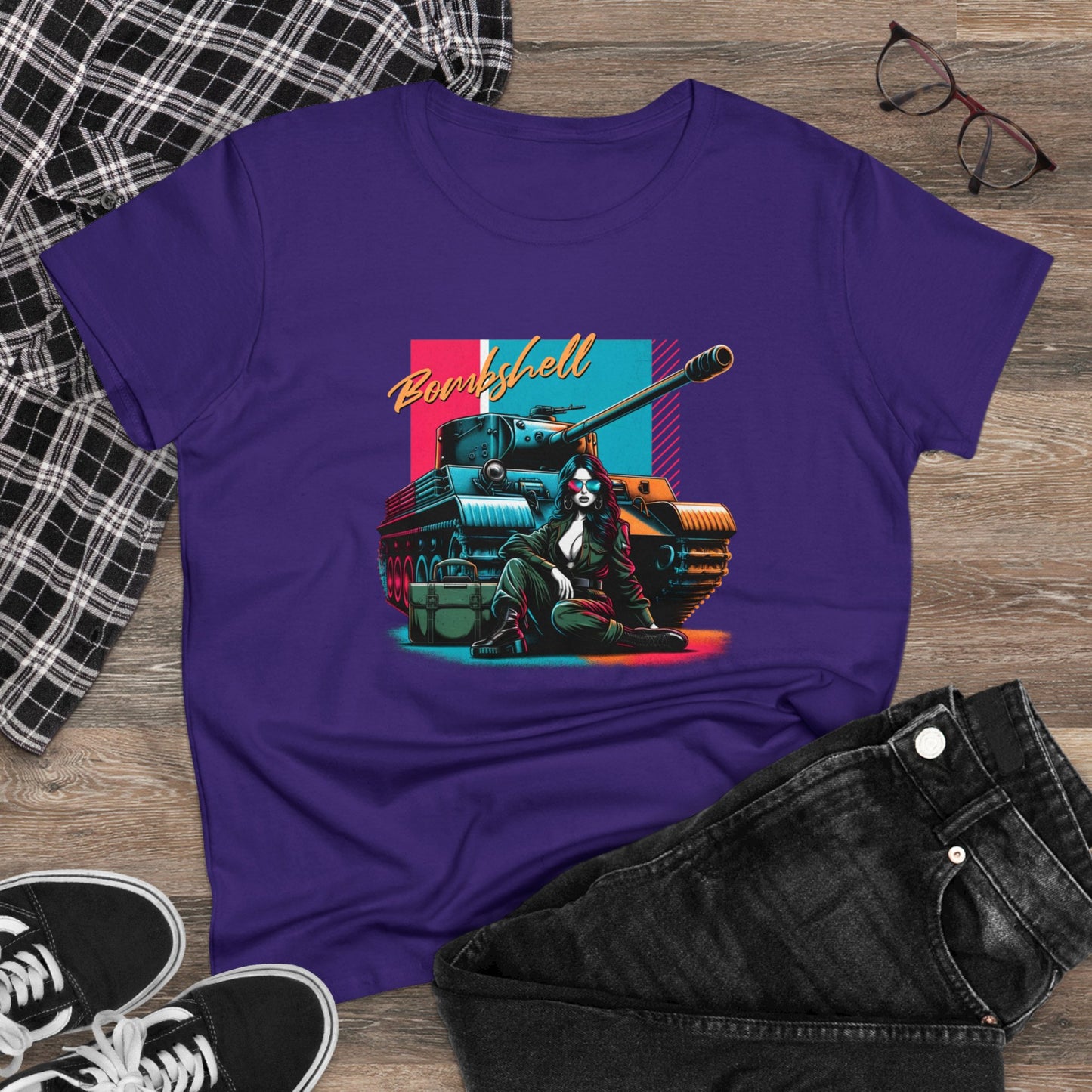 Bombshell, Beautiful Army Tank Model, Women's Midweight Cotton Tee