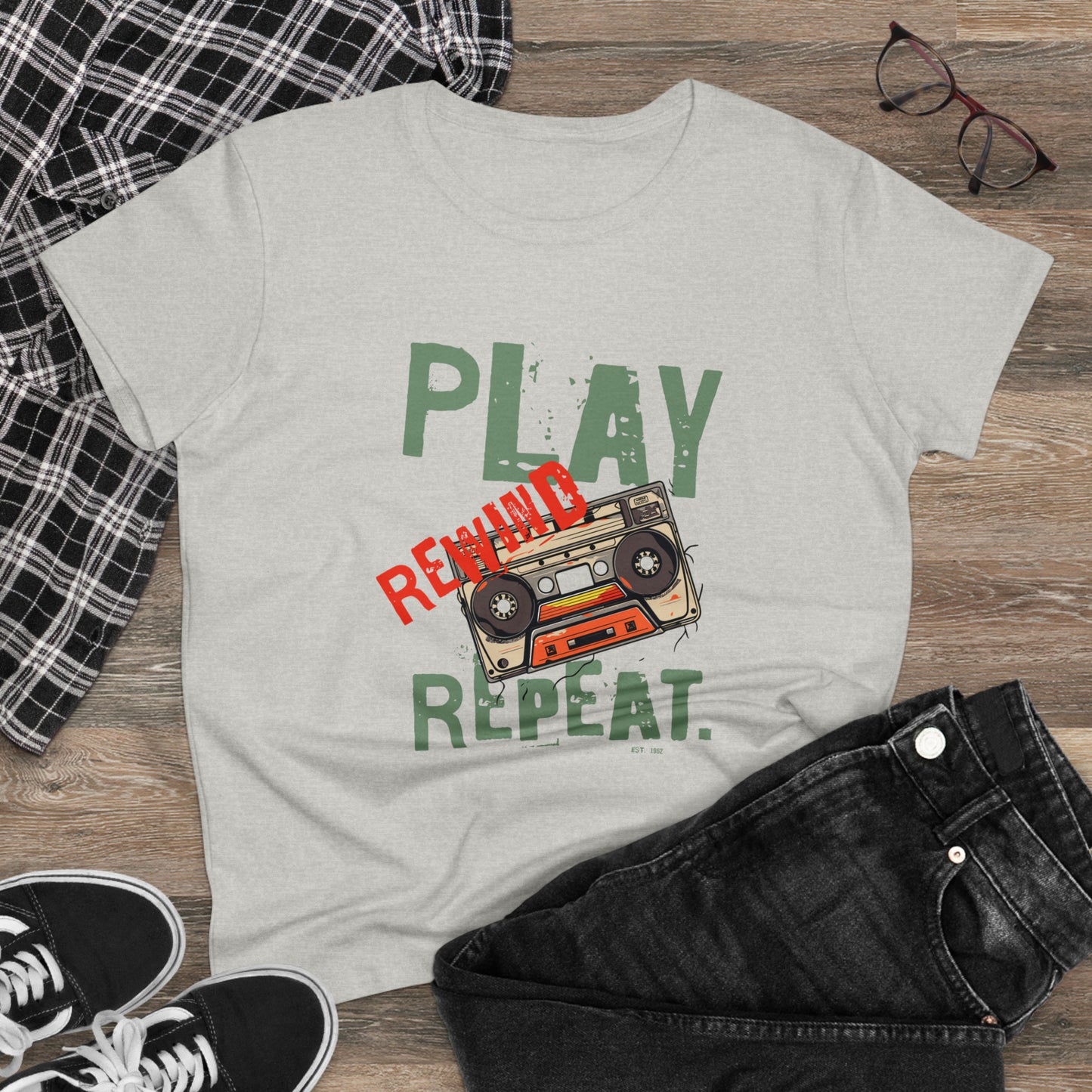 Play Rewind Repeat. Classic Cassette Tape Midweight Cotton Tee