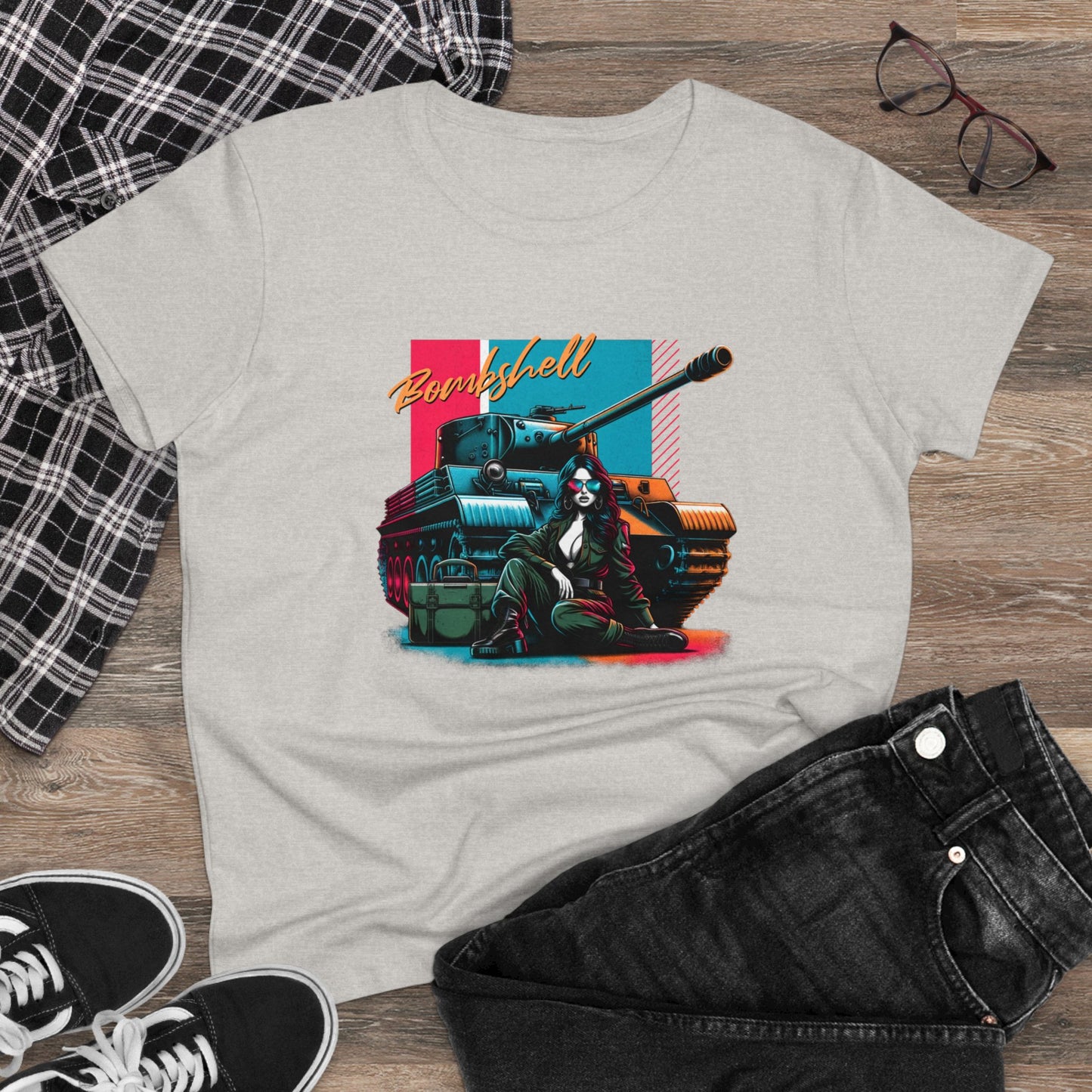 Bombshell, Beautiful Army Tank Model, Women's Midweight Cotton Tee