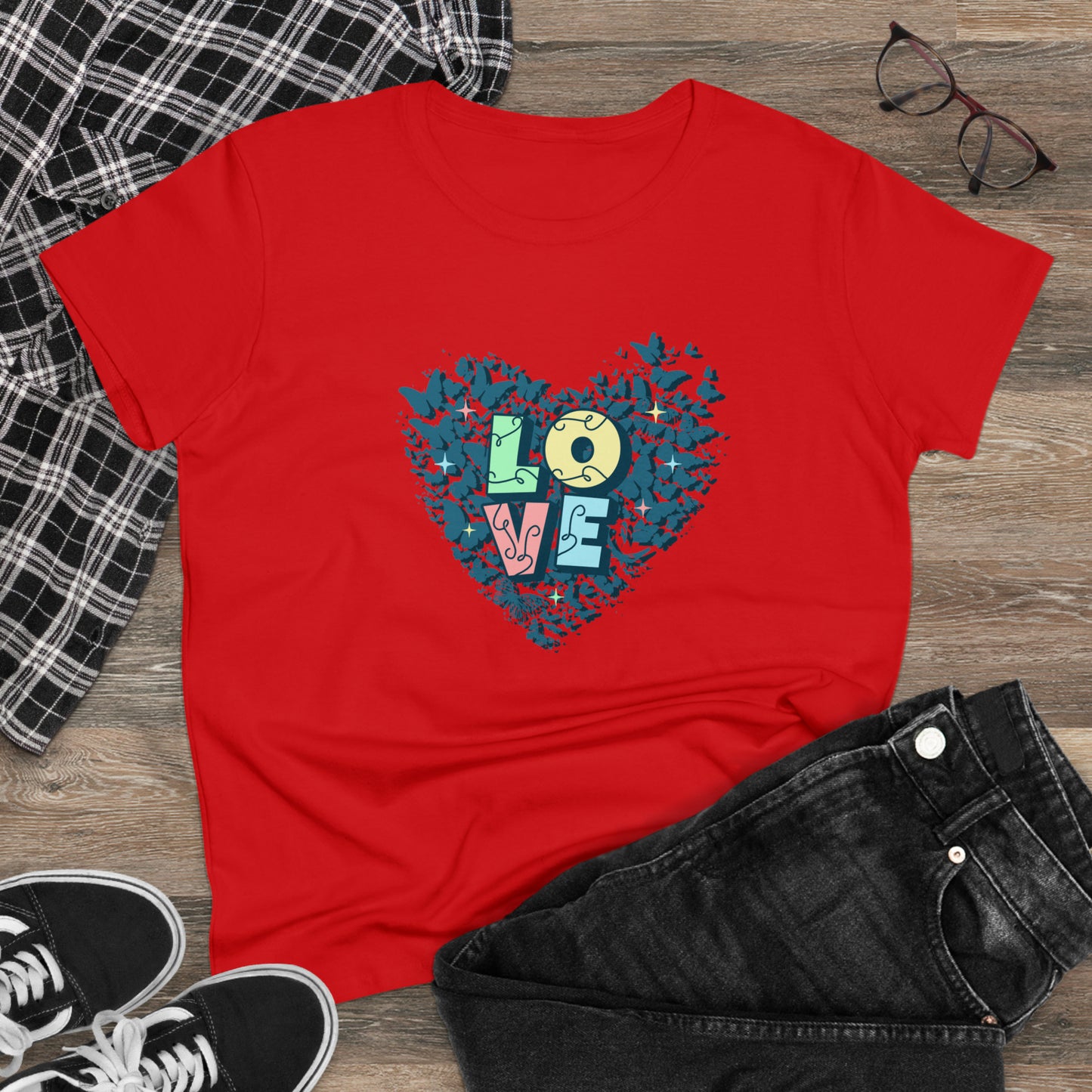 LOVE, Butterfly Heart, Women's Midweight Cotton Tee