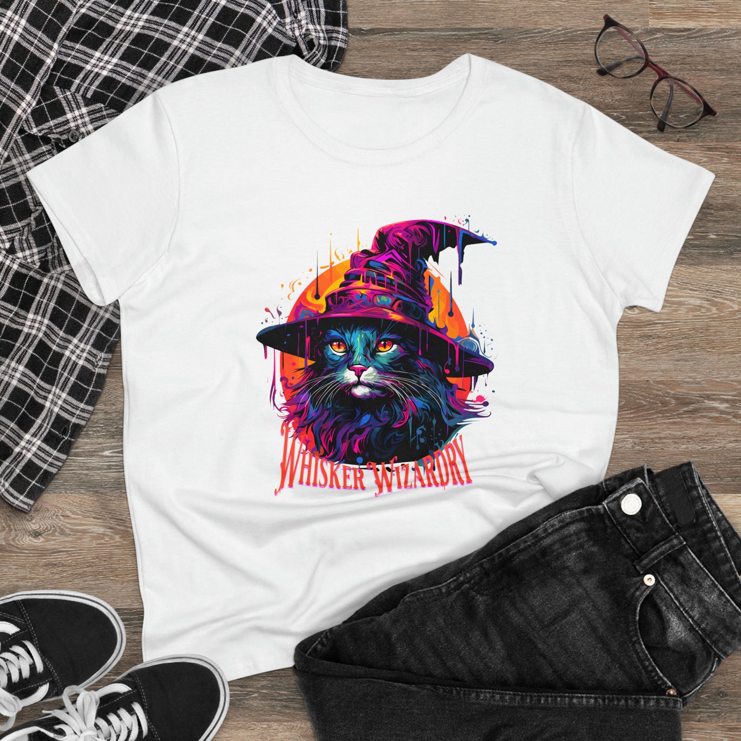 Whisker Wizardry, Wizard Cat, Women's Midweight Cotton Tee
