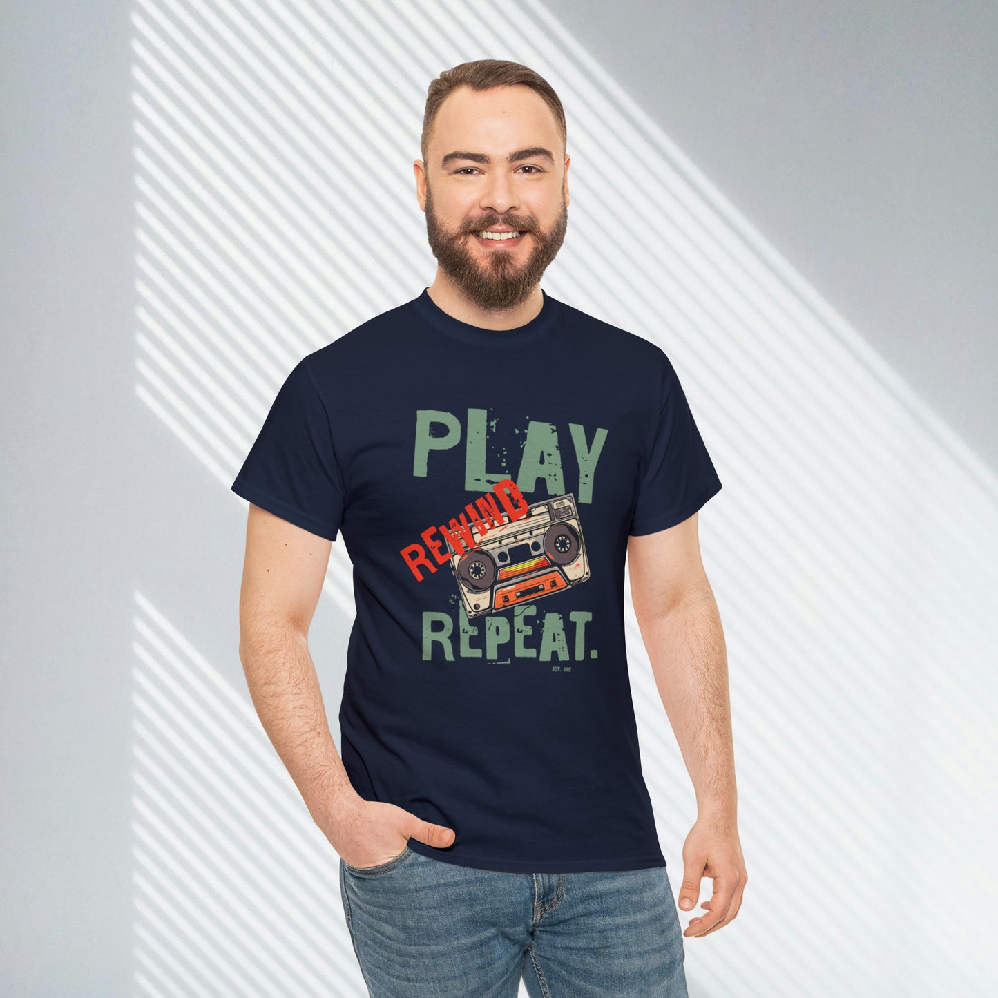 Play Rewind Repeat. Classic Cassette Tape Unisex Heavy Cotton Tee