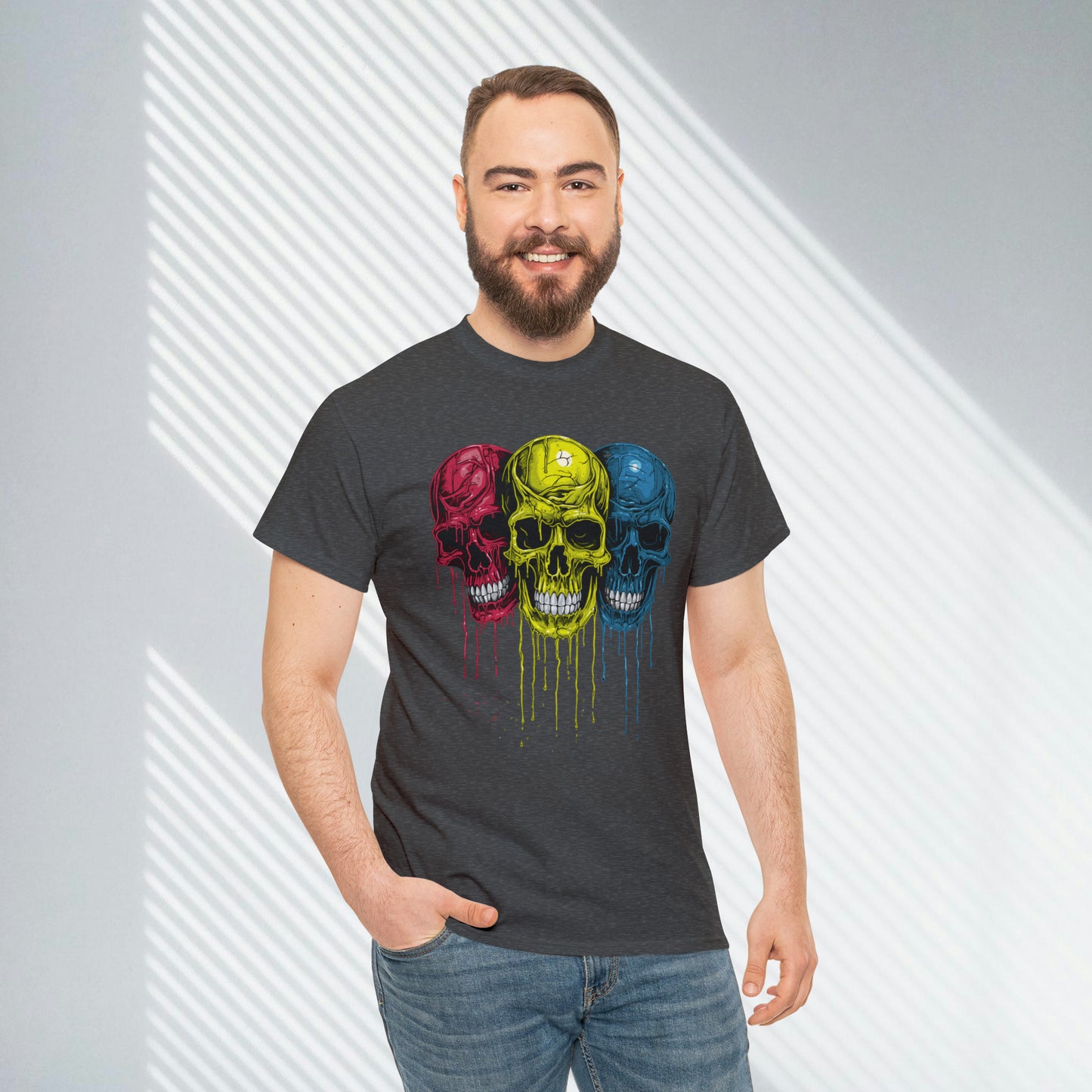 Vivid Decay, Skulls Dripping Paint, Custom Unisex Heavy Cotton Graphic Tee