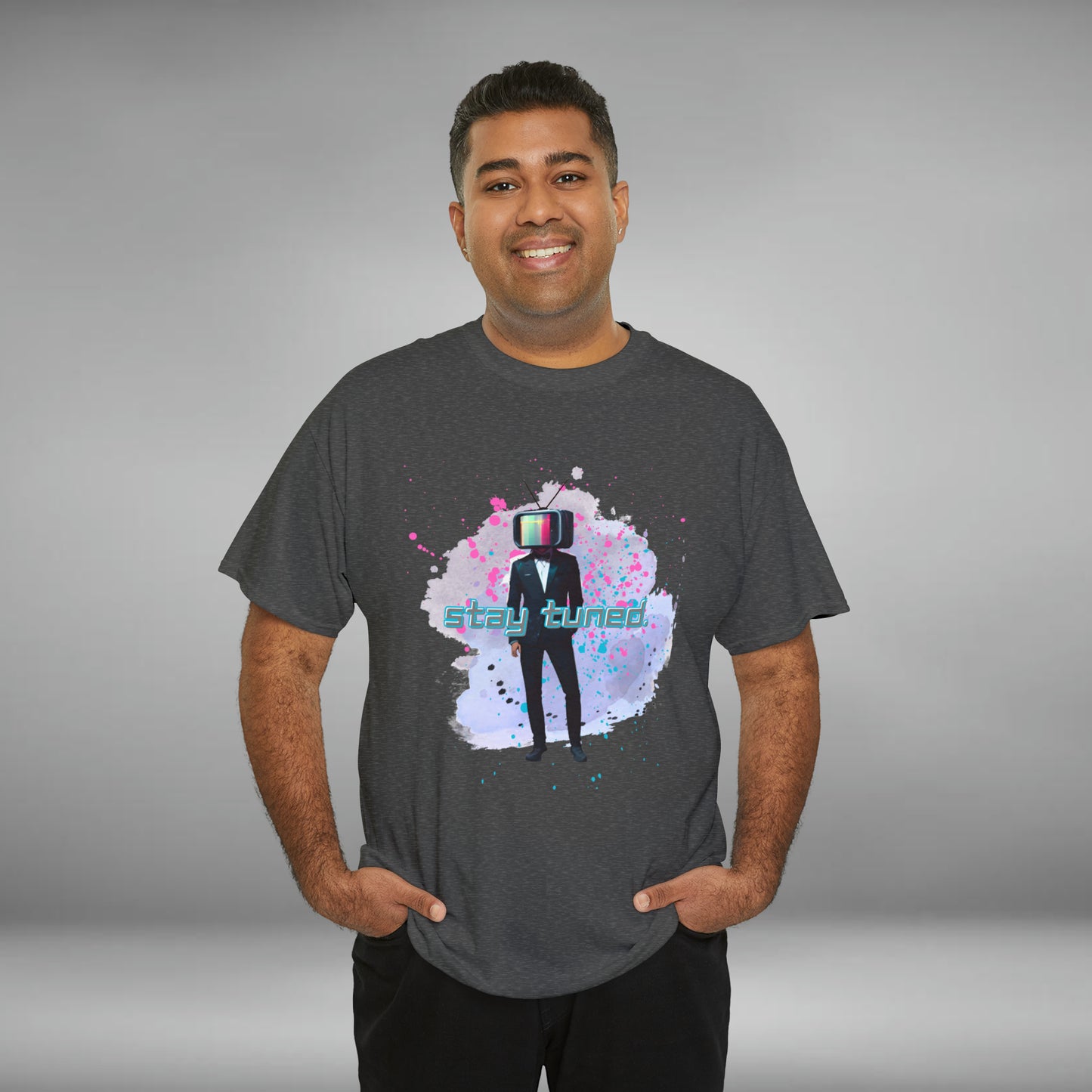 Stay Tuned, TV Man, Custom Unisex Heavy Cotton Graphic Tee