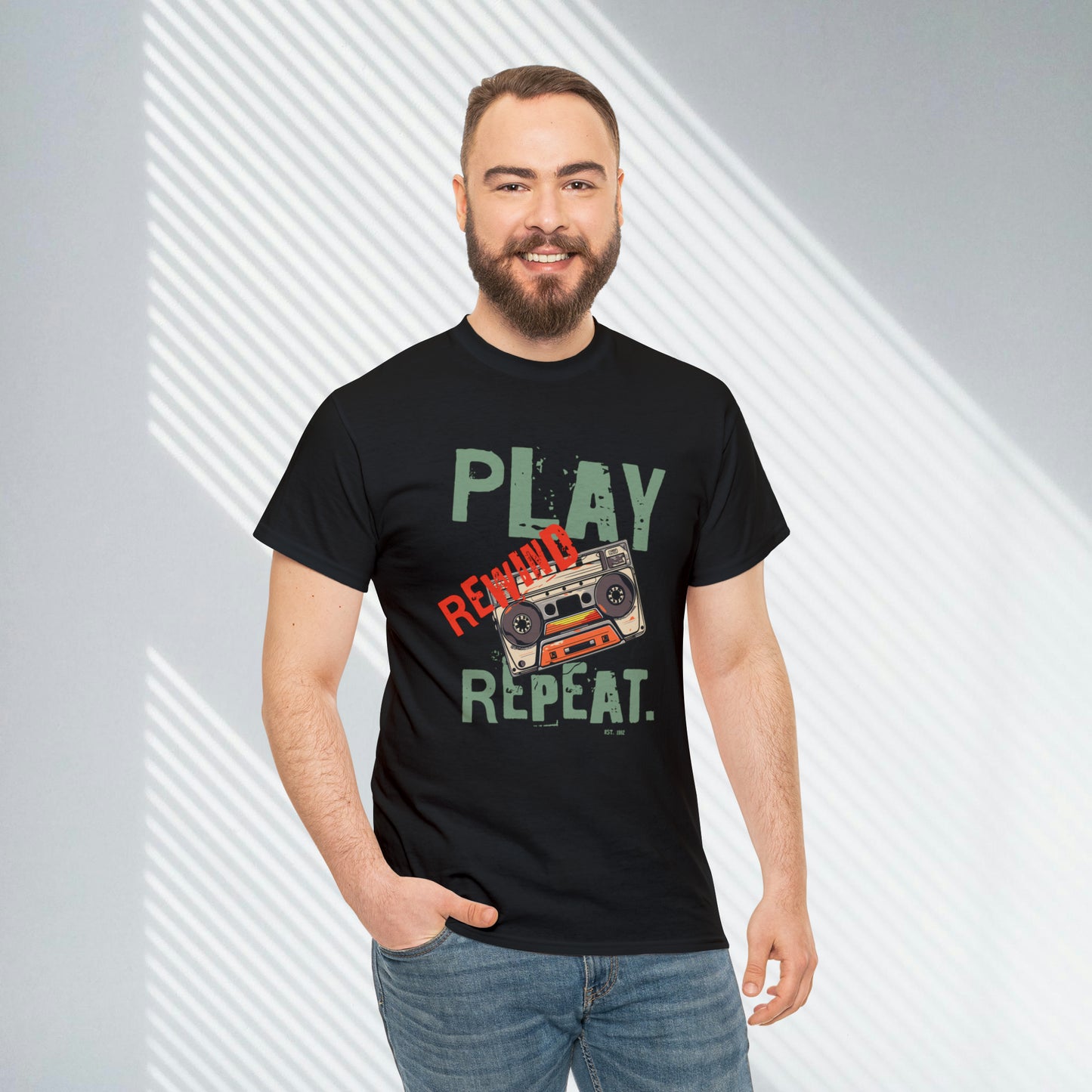 Play Rewind Repeat. Classic Cassette Tape Unisex Heavy Cotton Tee