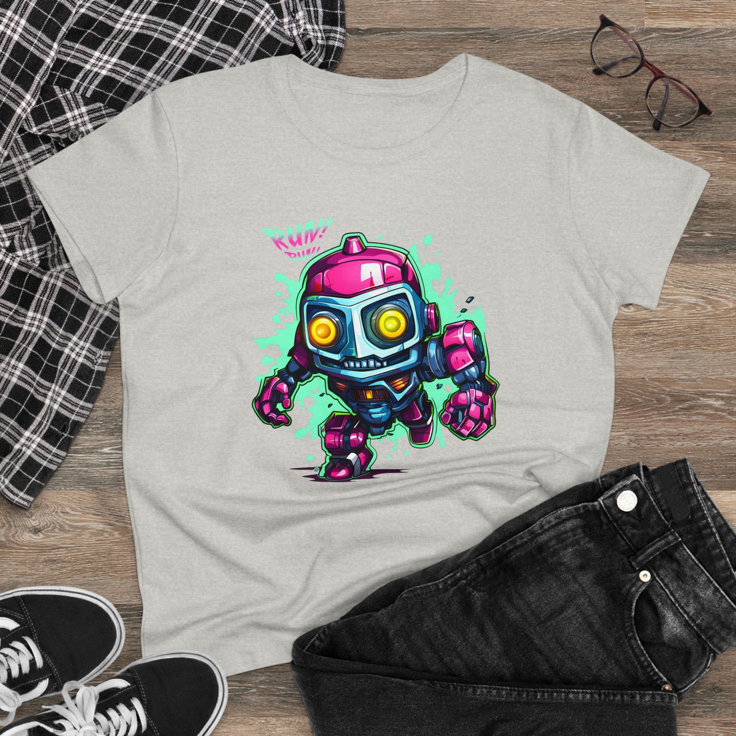 Robot, Run Run, Custom Women's Midweight Cotton Tee