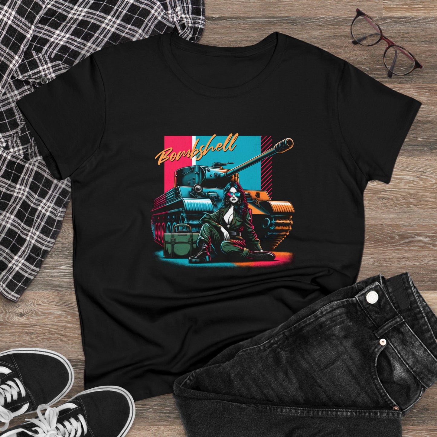 Bombshell, Beautiful Army Tank Model, Women's Midweight Cotton Tee