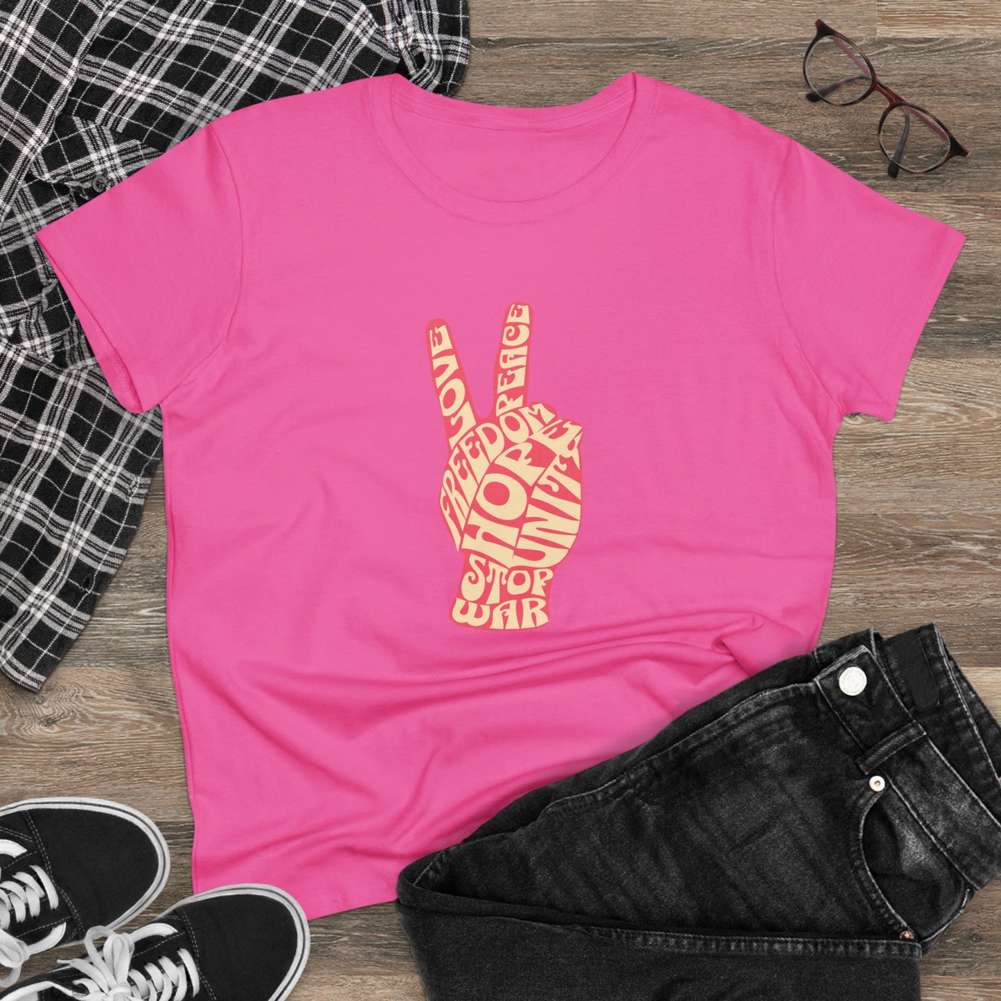 Peace, Love, Stop War, Women's Midweight Cotton Tee