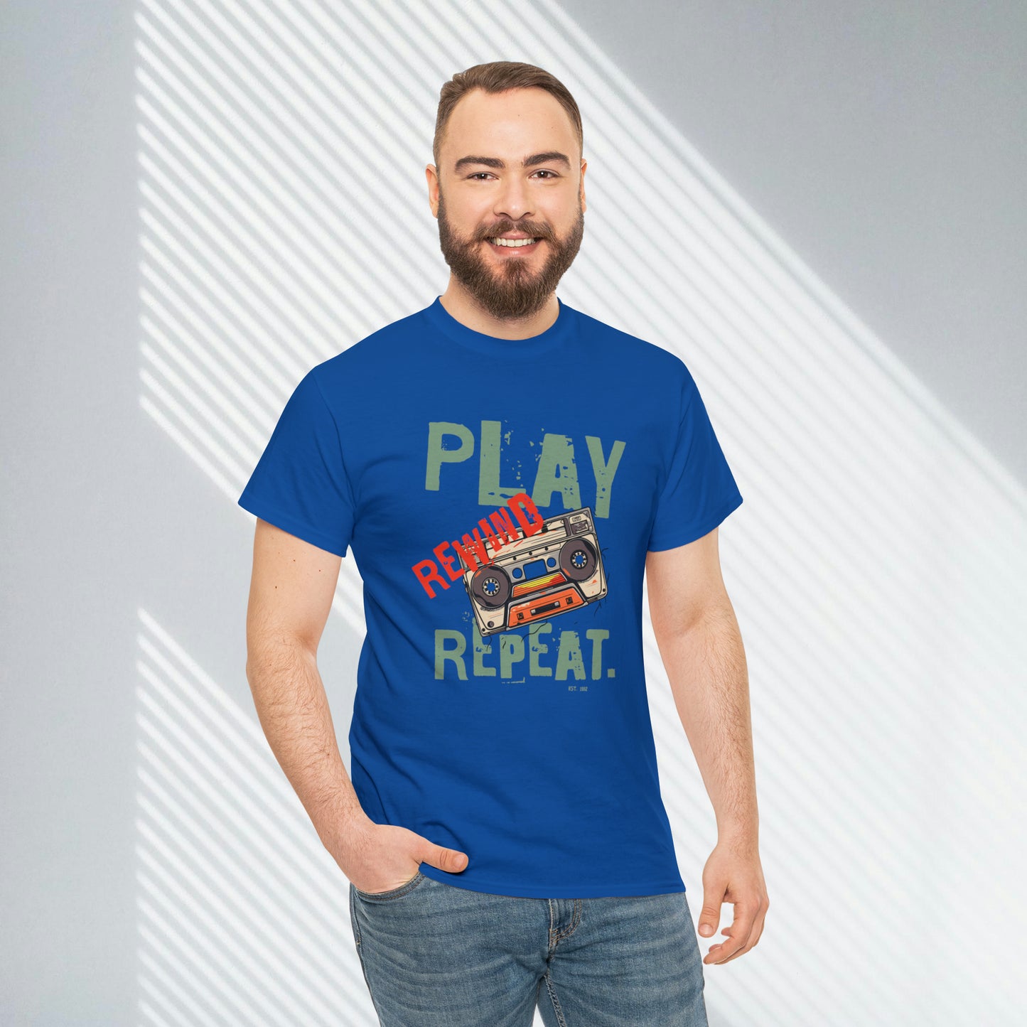 Play Rewind Repeat. Classic Cassette Tape Unisex Heavy Cotton Tee