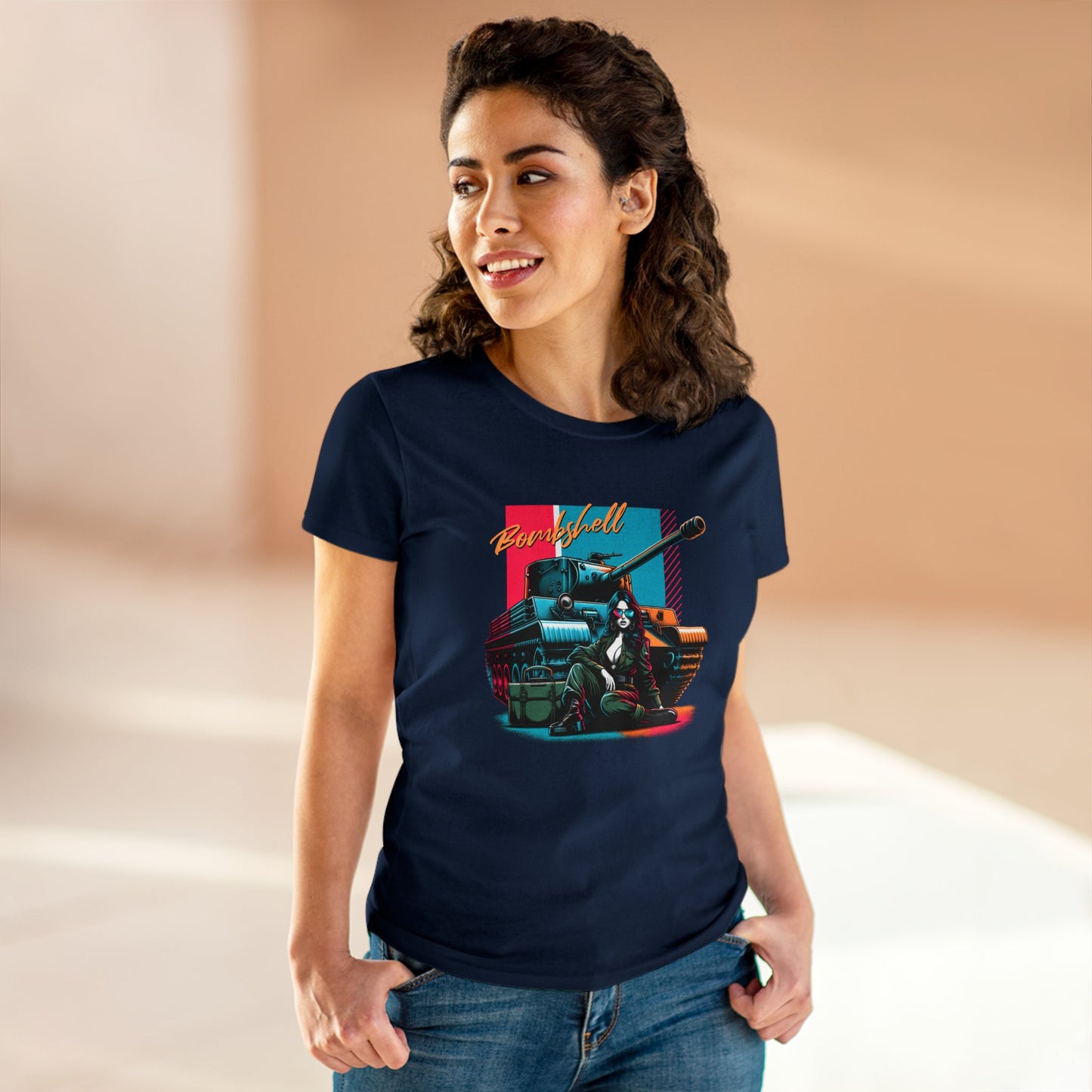 Bombshell, Beautiful Army Tank Model, Women's Midweight Cotton Tee