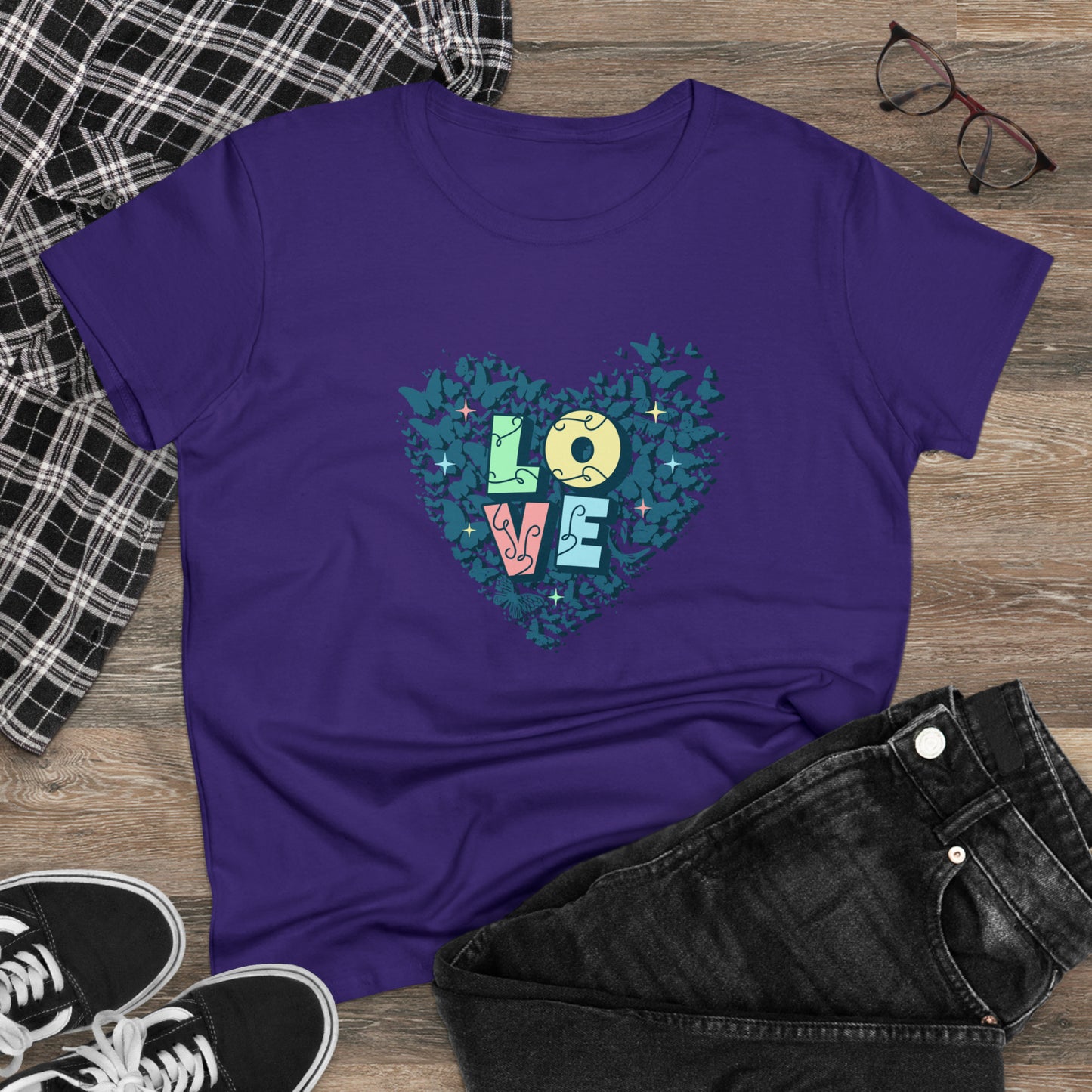 LOVE, Butterfly Heart, Women's Midweight Cotton Tee