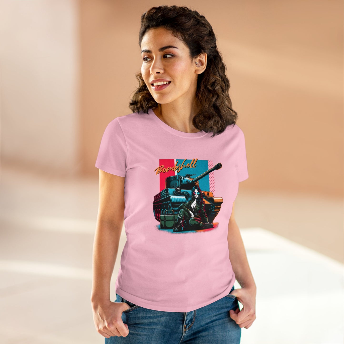 Bombshell, Beautiful Army Tank Model, Women's Midweight Cotton Tee