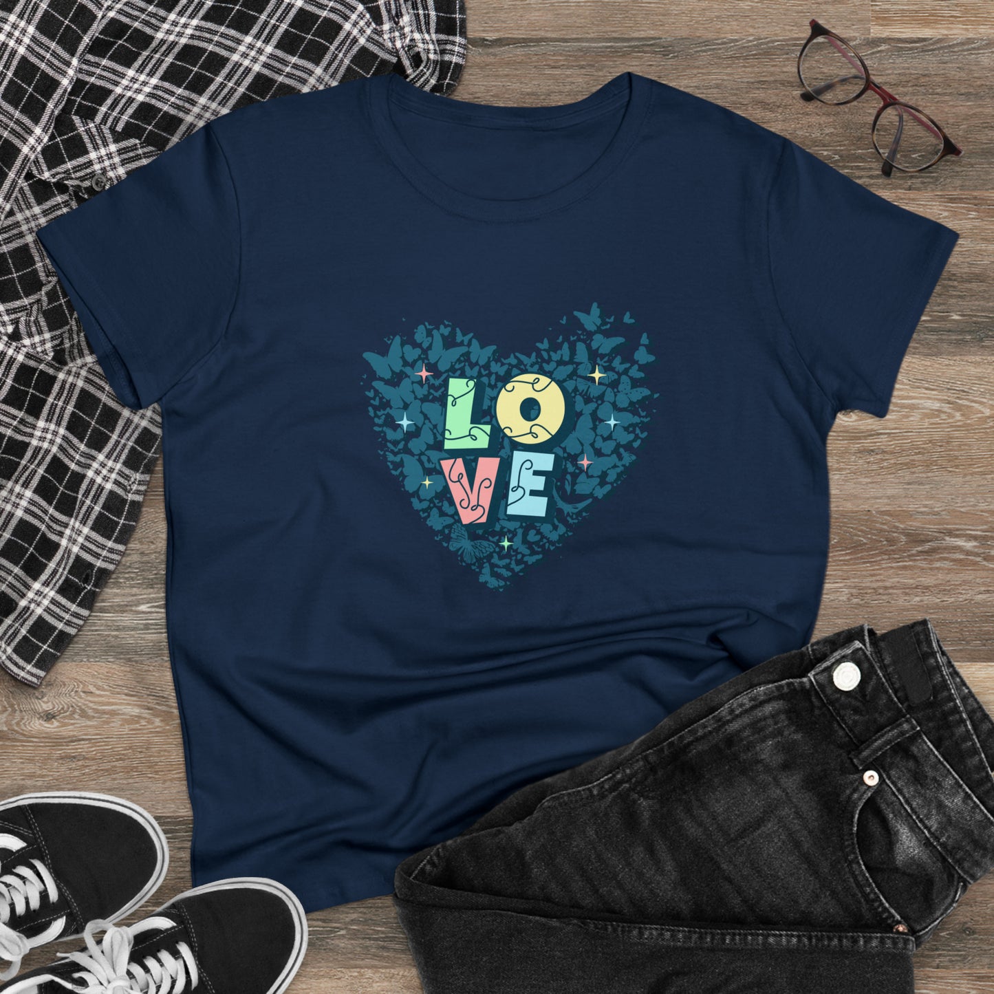 LOVE, Butterfly Heart, Women's Midweight Cotton Tee