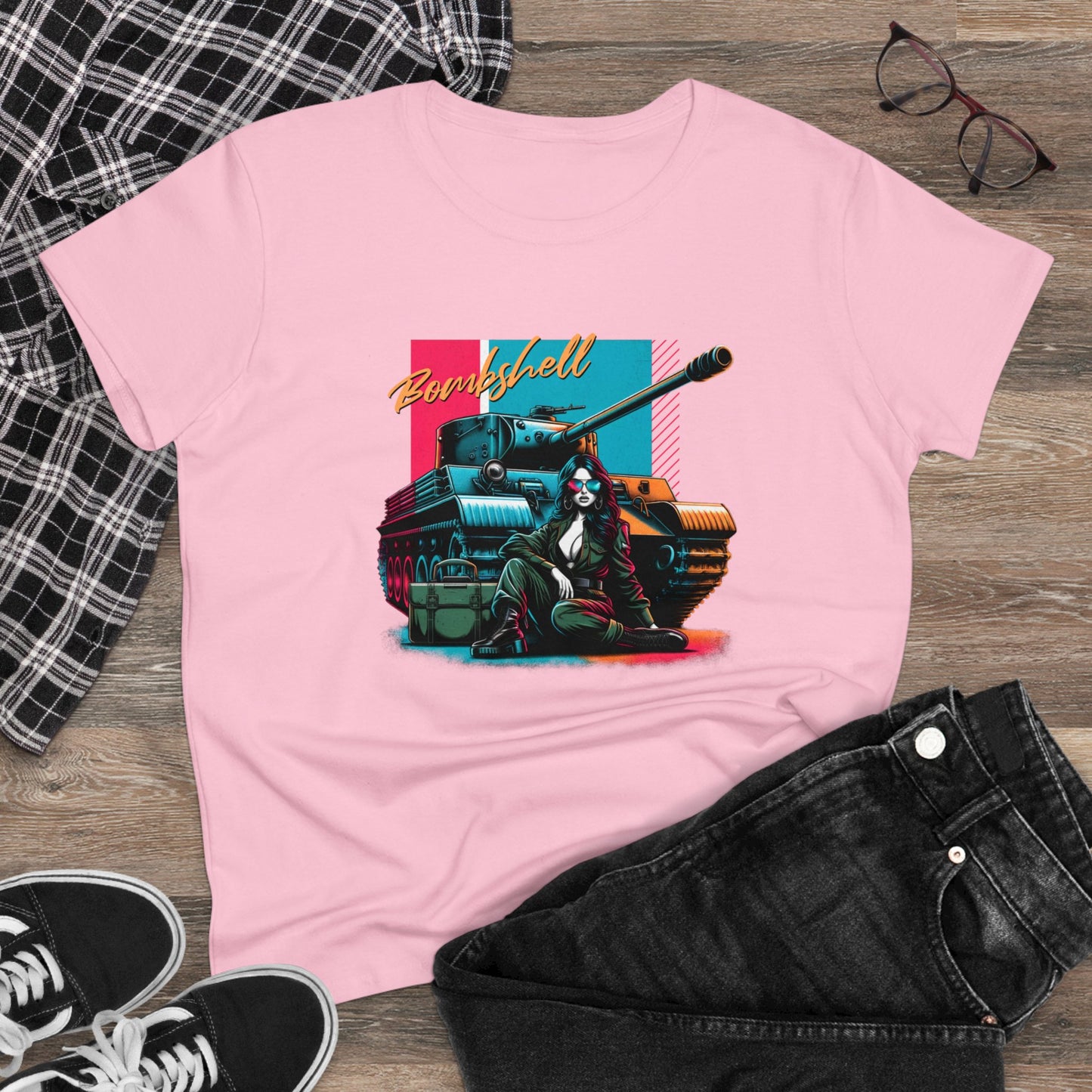 Bombshell, Beautiful Army Tank Model, Women's Midweight Cotton Tee