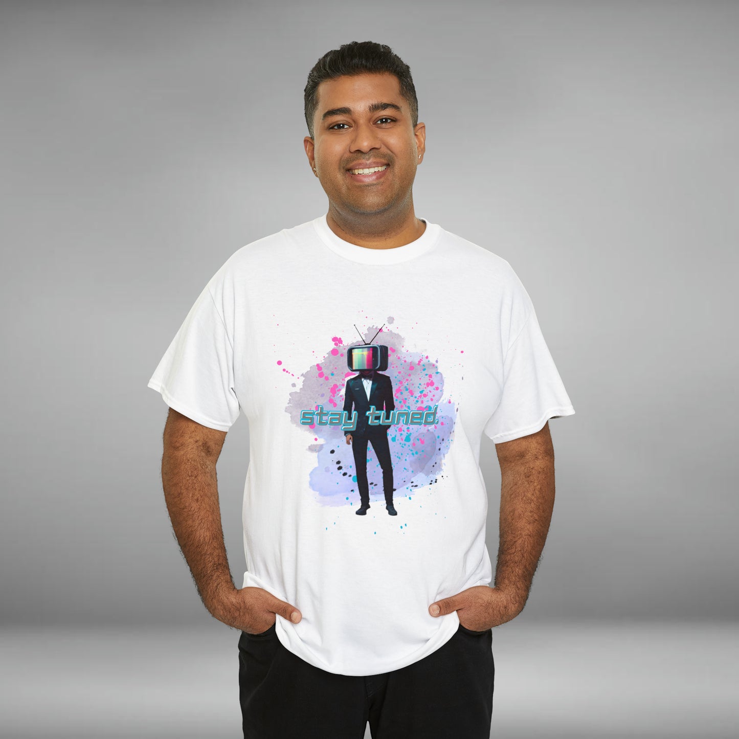 Stay Tuned, TV Man, Custom Unisex Heavy Cotton Graphic Tee