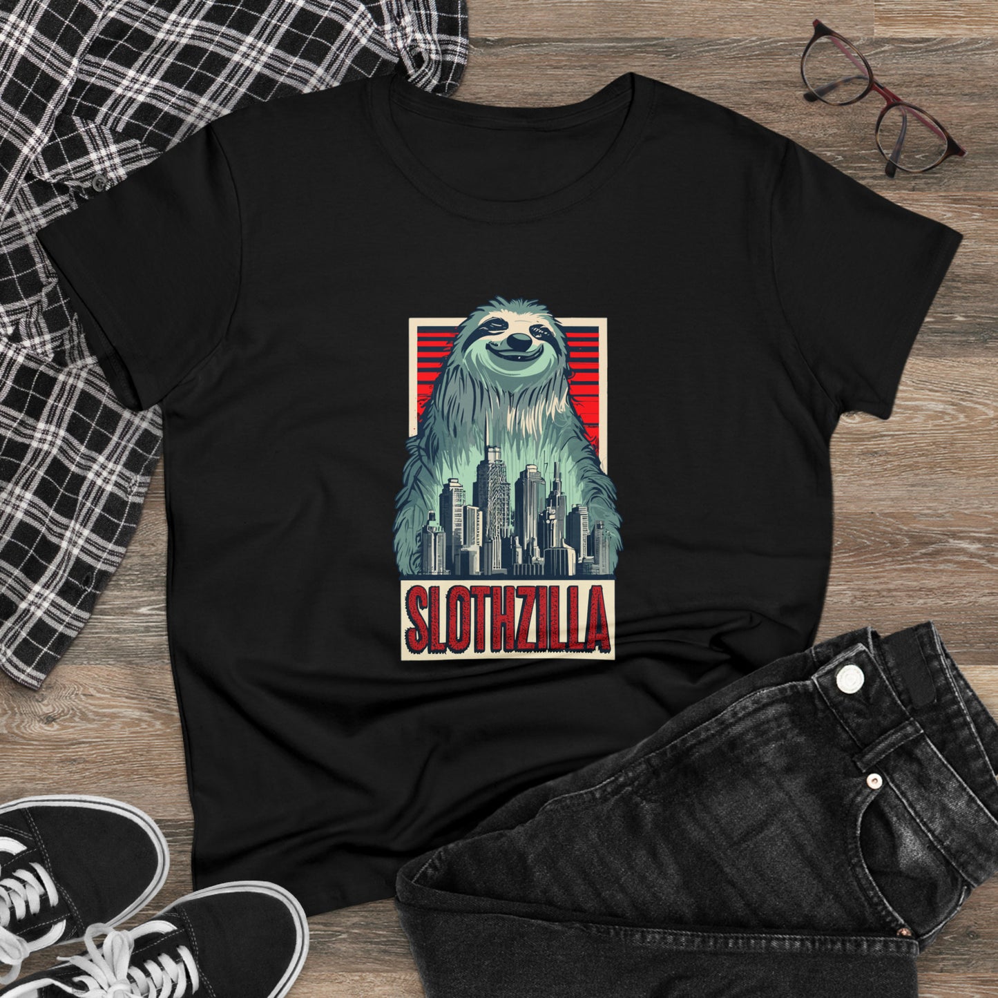 SlothZilla, City Destroying Sloth, Women's Midweight Cotton Tee