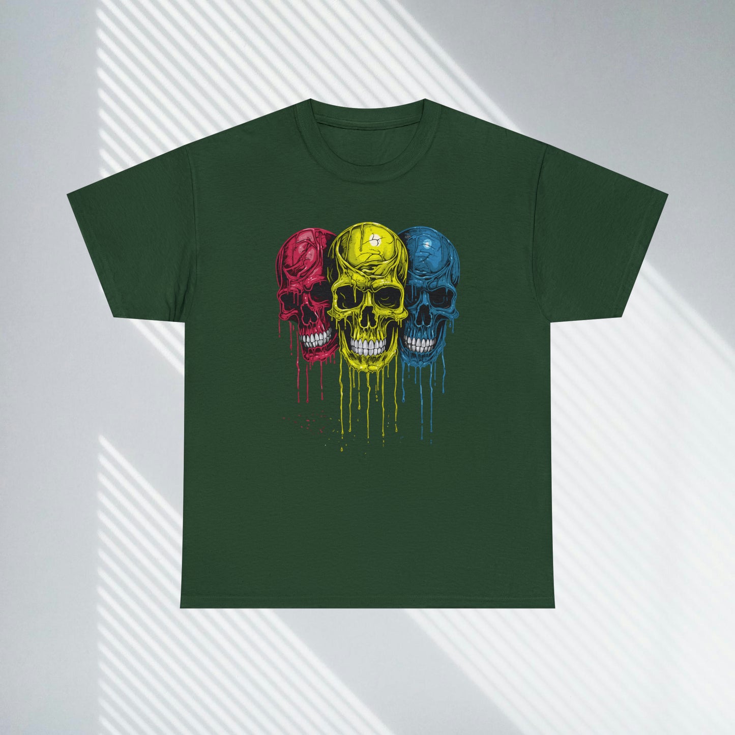 Vivid Decay, Skulls Dripping Paint, Custom Unisex Heavy Cotton Graphic Tee