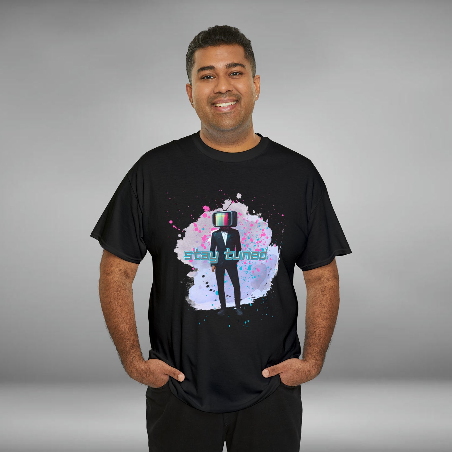 Stay Tuned, TV Man, Custom Unisex Heavy Cotton Graphic Tee