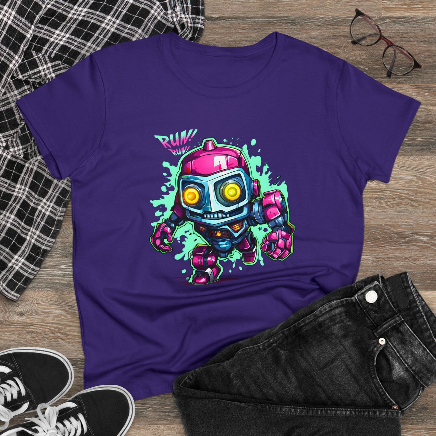 Robot, Run Run, Custom Women's Midweight Cotton Tee